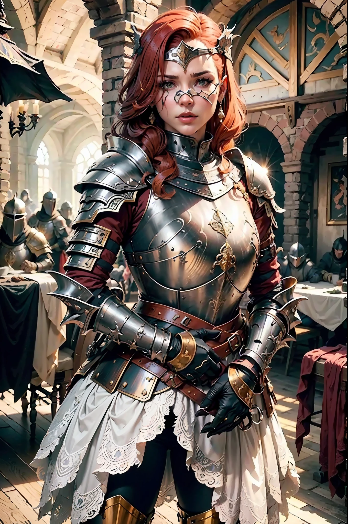 1 guerreira ruiva, ((ruiva)), ((armadura)), ((fantasia medieval)), ((steel breastplate)), ((Steel gauntlets)), saia levantada, ((saia vermelha)), saia para cima, ((camelo)), Calcinha, .RAW, obra-prima, melhor qualidade, 8k, papel de parede,