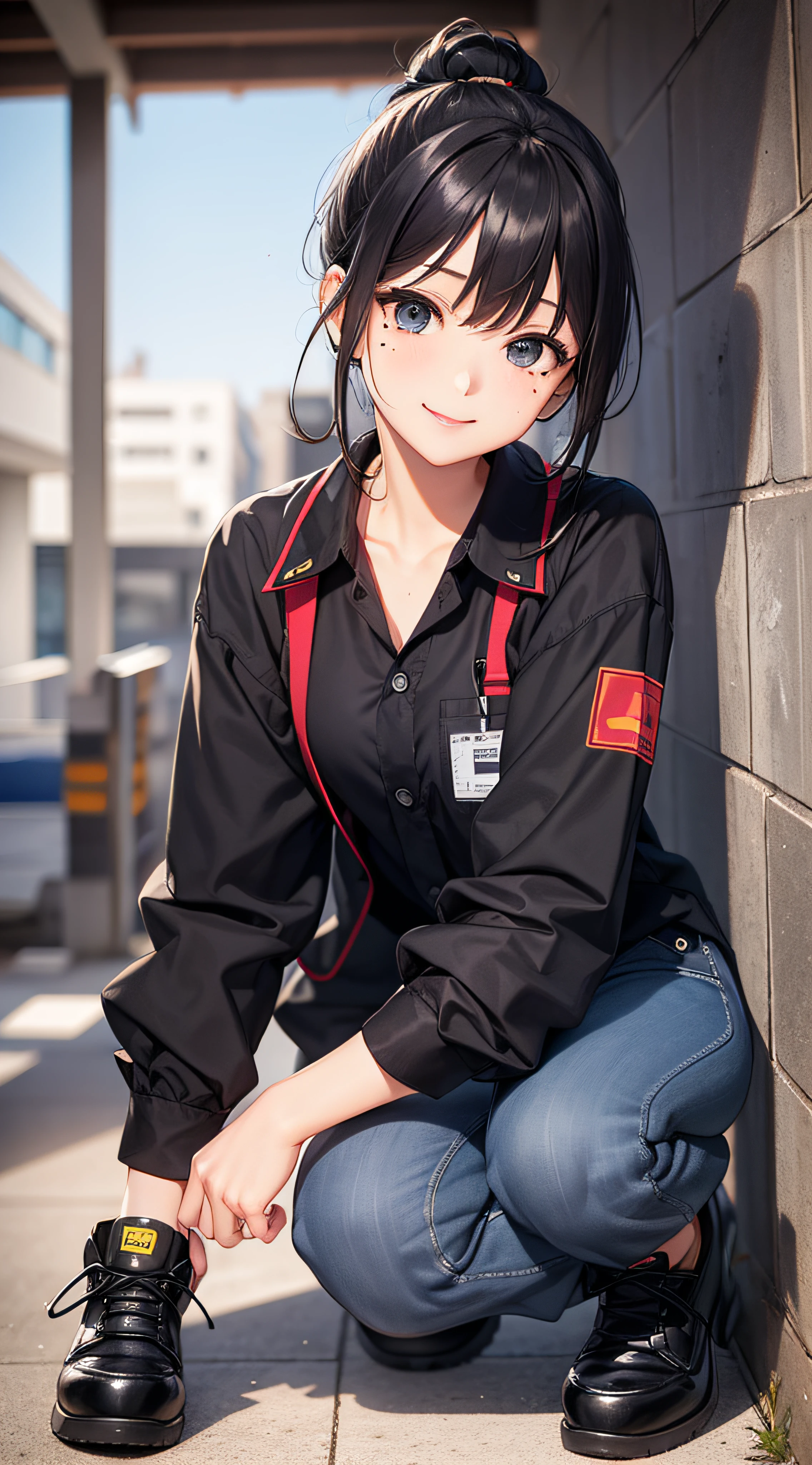 One Girl、Black hair、poneyTail、Black eyes、Mole under the eyes、Full body like、Shoujo manga style、Anatomically correct、Work clothes with long sleeves and long pants、mechanic、Black Safety Shoes、Best Quality、Concrete walls、a smile