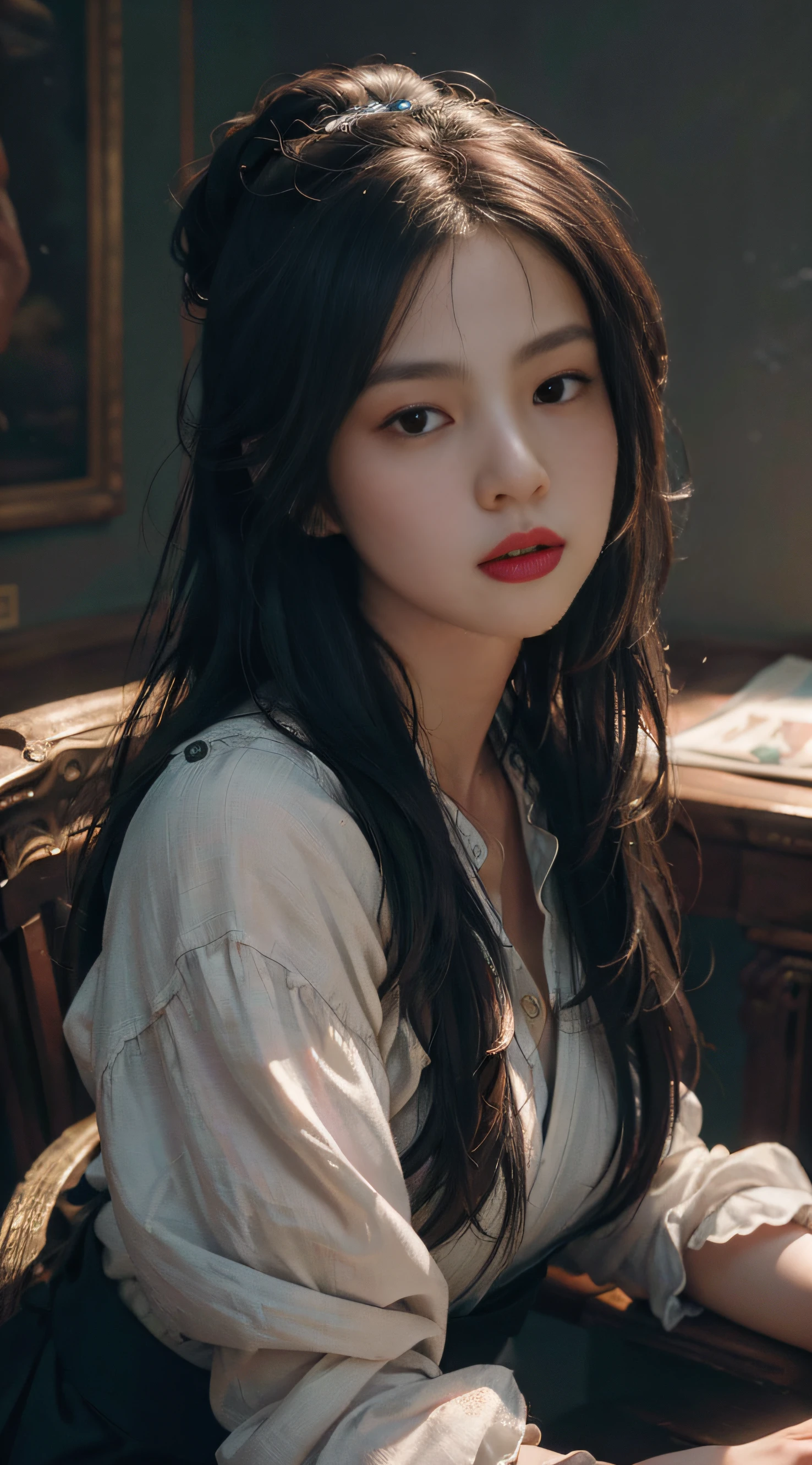 (RAW photo, best quality), (realistic, photo-realistic:1.3),best quality,highly detailed,masterpiece,ultra-detailed,illustration,1girl,upper_body,dynamic angle,world masterpiece theater,messy_long_hair,best quality,extremely detailed CG unity 8k wallpaper,ink,Amazing,cinematic lighting,lens_flare, dunhuang_style