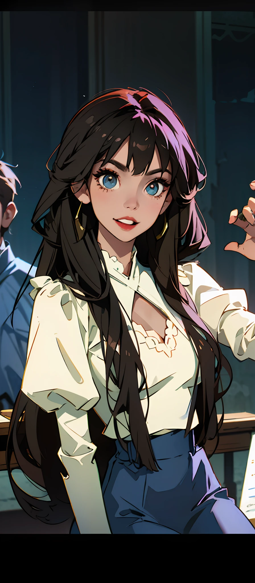 obra-prima, melhor qualidade, arte oficial, papel de parede 8k, altamente detalhado, illustration, 1 garota, roupa preta, cabelo longo preto, olhos verdes detalhados, navio, sorriso suave, garrafa (atmosfera medieval), roupa preta, decote, (olhar sedutor), olhos esverdeados