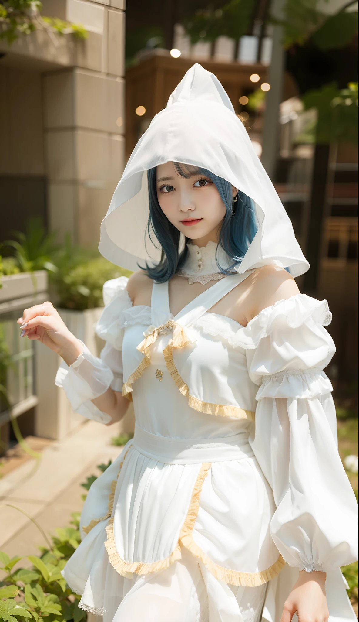 1girl, Fantasy, Beauty face, Blue sky hair color, White Outfit, Realistic, Ultra detail, 70mm lens