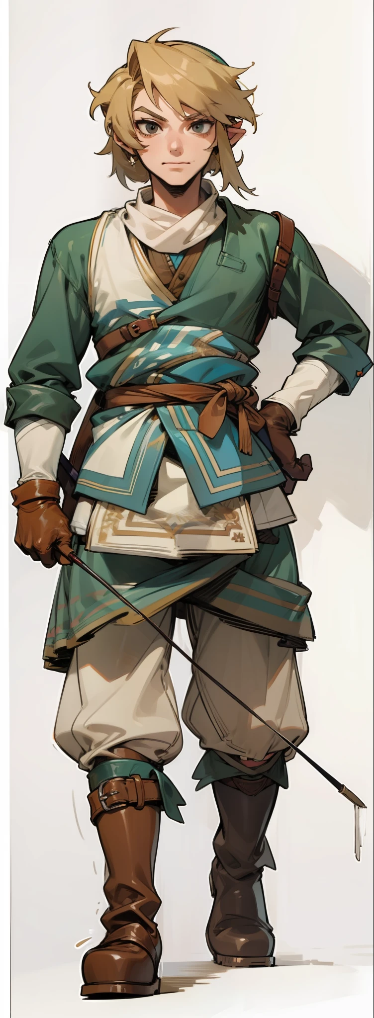 (Link:1)(Warrior:1), (adult man:1.33), standing, full body, leather boots, beige pants, gloves , (narrow eyebrows:0.33), (confident:1.6), (smiling:0.6), (clenching fists:0.33), scarf, holding riding crop, (evil:0.6), seductive