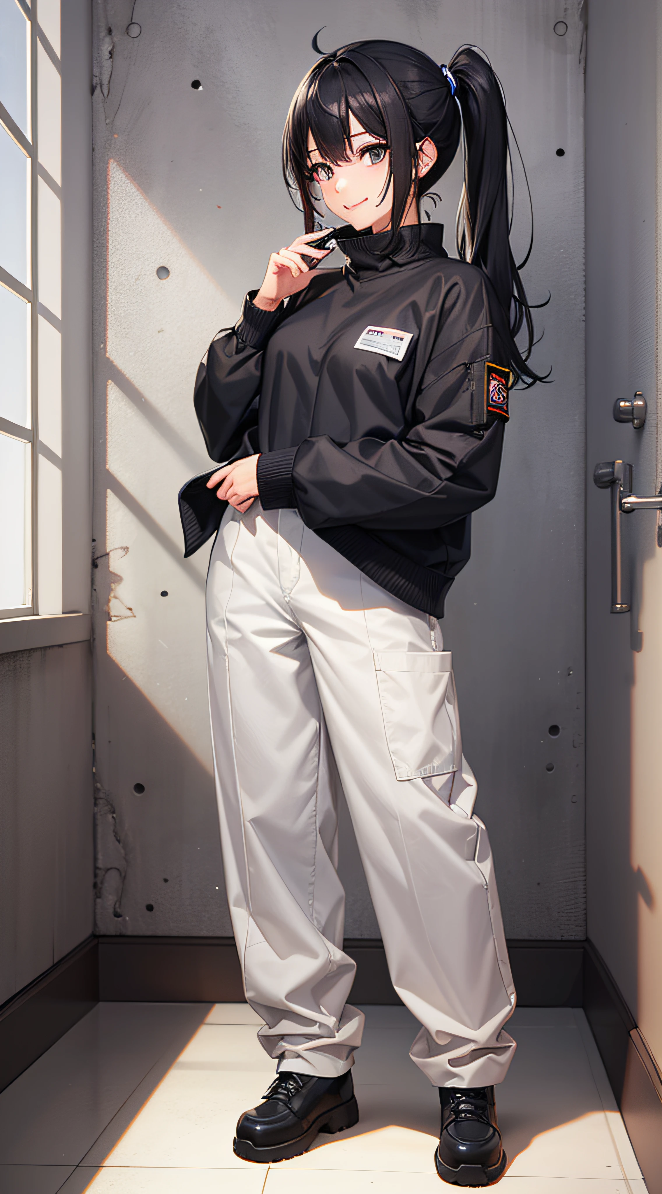 One Girl、Black hair、poneyTail、Black eyes、Mole under the eyes、Full body like、Shoujo manga style、Anatomically correct、Work clothes with long sleeves and long pants、mechanic、Black Safety Shoes、Best Quality、Concrete walls、a smile
