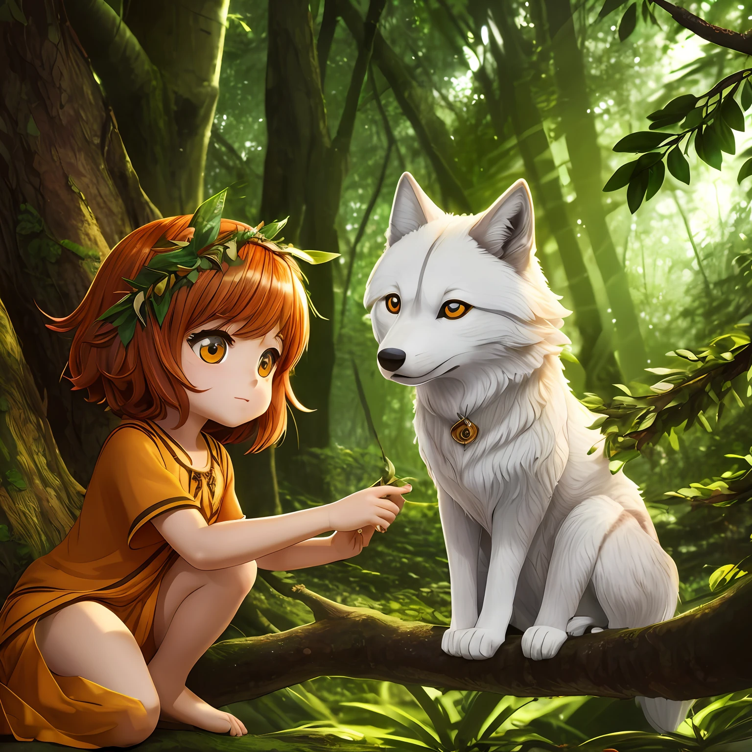 imagem de um filhote de lobo fofo na floresta, pelagem marrom e cinza, bright eyes and curious expression, brincando entre arvores e folhagens, imagem detalhada e realista, good ilumination, soft-lighting, chibi --auto