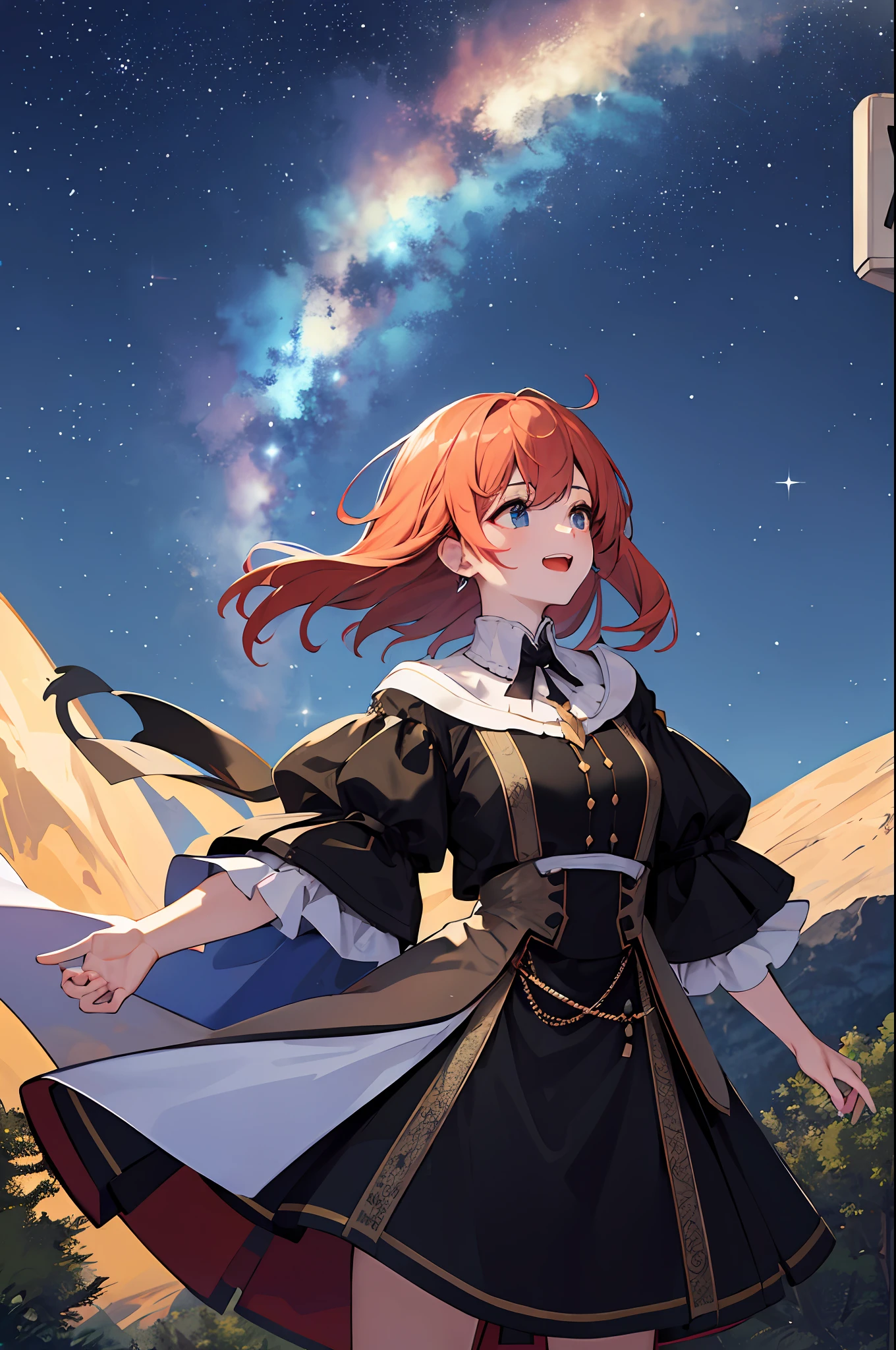 Top of the mountains,A woman full of excitement and a sense of accomplishment,night sky full of stars,Looking up at the starry sky,4K picture quality,8K picture quality,high-level image quality,Black clothes,jersey