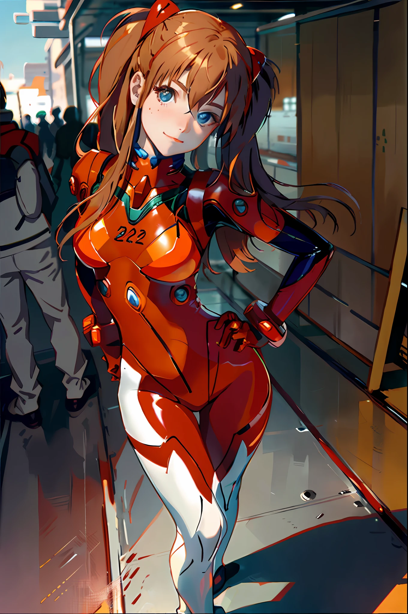 (best qualtiy,masterpiece1.2),(Detailed eyes:1.2),Complicated details,depth of fields,1girll,standing on your feet,souryuu asuka langley,Test the plugin,ssmile,Be red in the face,Look at the camera,Stand on the mech