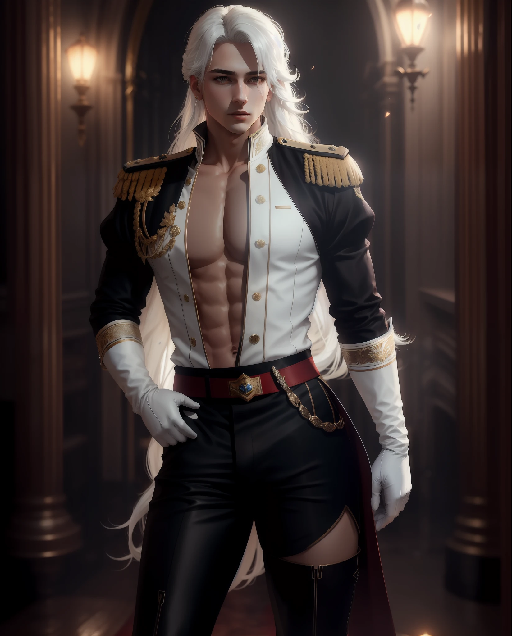 masterpiece, best quality,, 1man, male focus, shirt, solo, long white hair, royal uniform, white gloves, black pants, thigh high boots, long hair, 8k resolution covered navel, full lips, perfect anatomy, cinematic lighting, intricately detailed, elegant, volumetric lighting