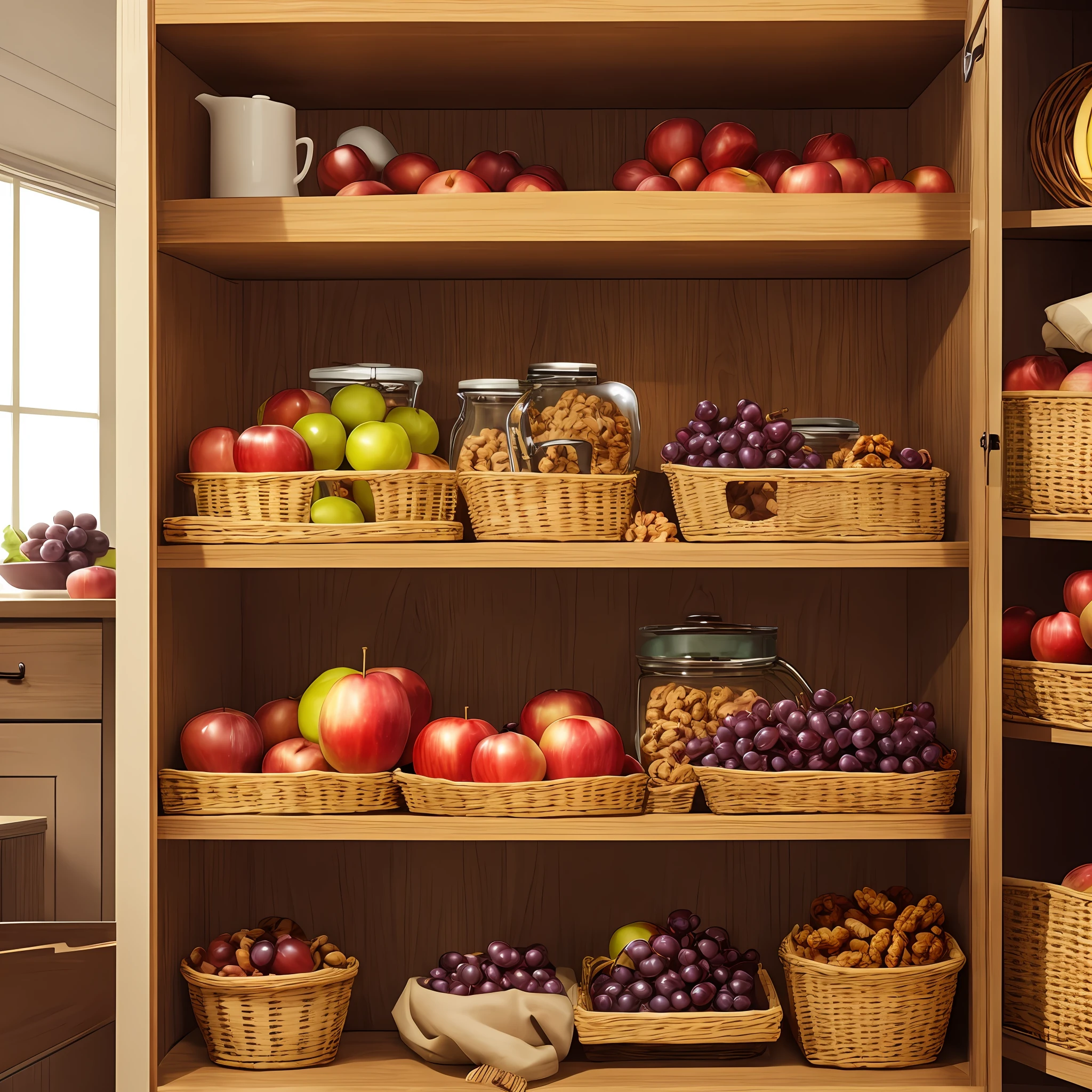 In the storage cabinet in the living room of the home,Placed with red dates,walnuts,grapes,apples --auto
