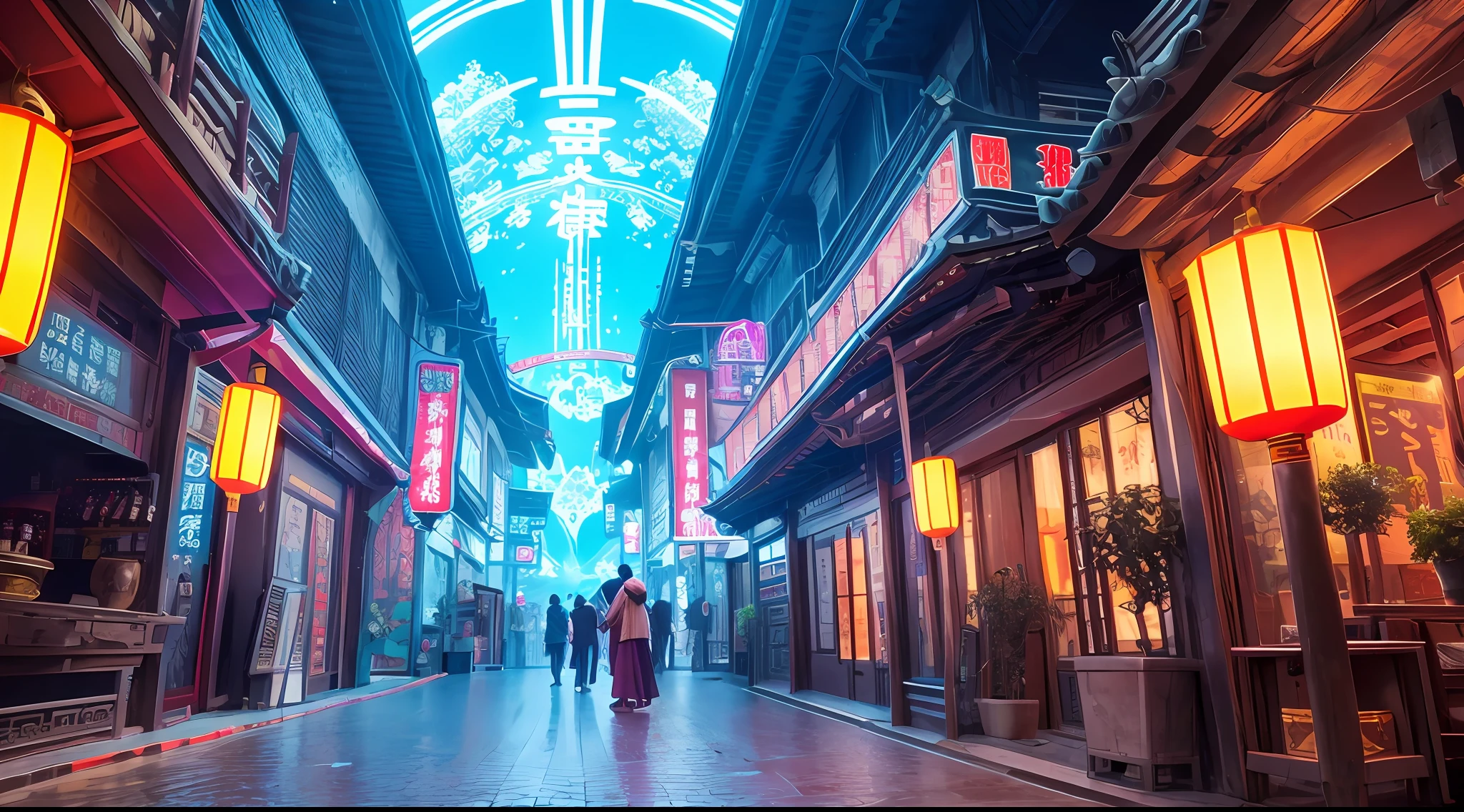 Chinese ancient architecture,cyber punk perssonage,Science fiction scene,neon lights,tholos,Faraway view --auto