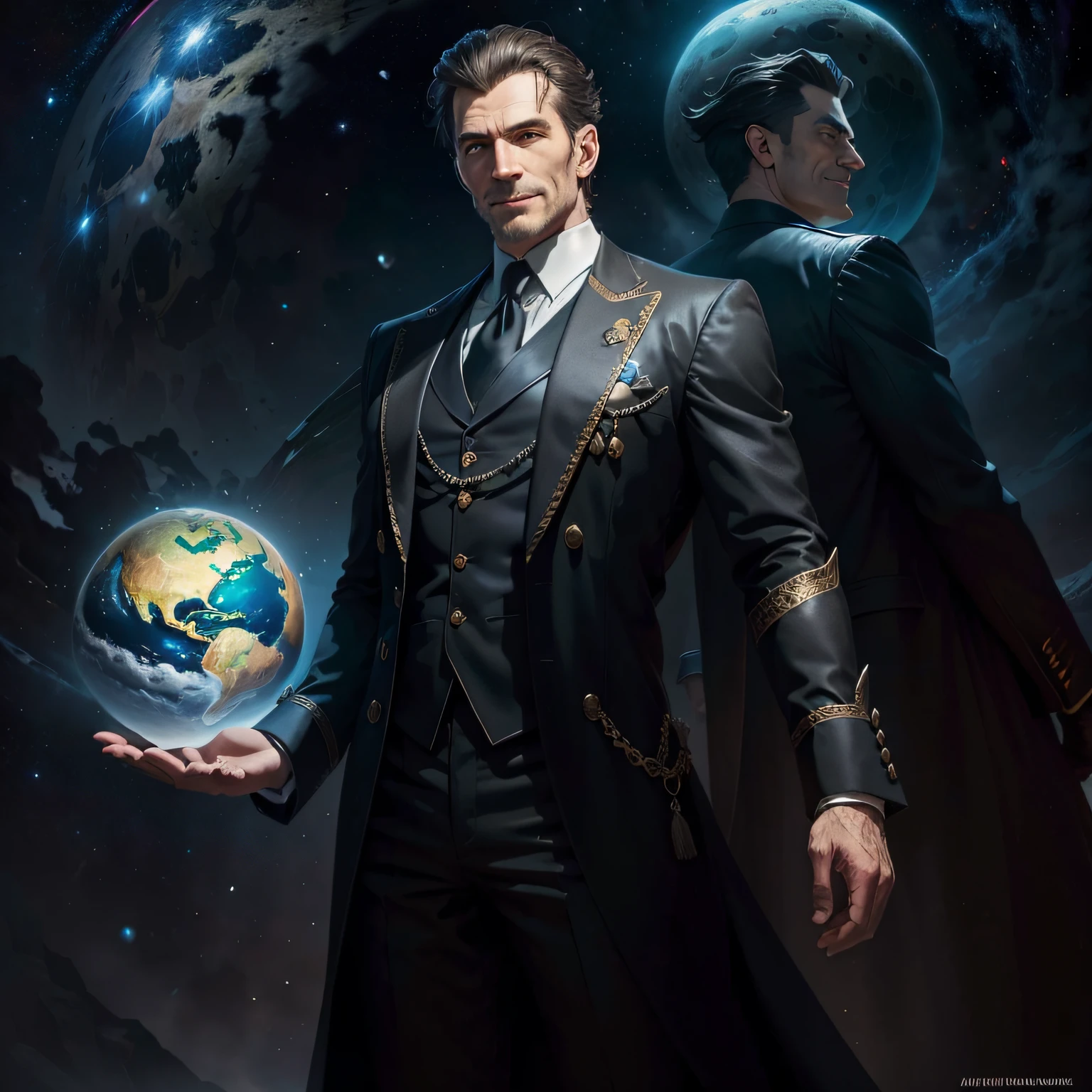 （（best qualtiy））， （（tmasterpiece））， （（ultra-realistic realism））， （（Surrealist fantasy style））A man with a national style smile，Behind it is a domineering and exposed evil god，Under the rendering of black shadows，in the cosmos，It is as if they hold the earth in their hands --auto