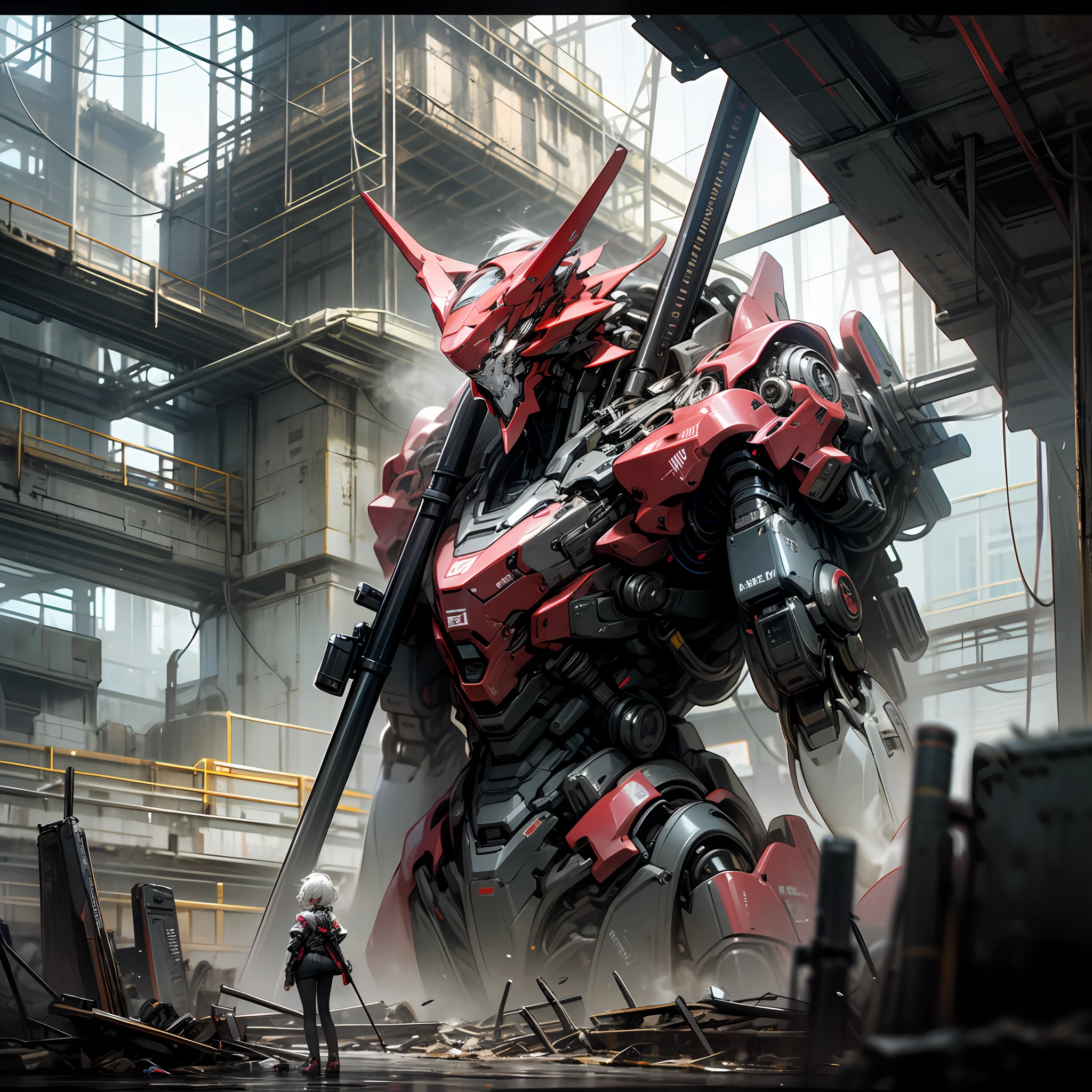 This is a CG Unity 8k wallpaper with ultra-detailed, high-resolution and top quality in cyberpunk style, dominated by black and red. In the picture, a beautiful girl with white messy short hair, a delicate face, wearing a steam mecha mask, standing on the ruins, behind her is a huge robot, and the action of a woman holding a heavy sniper rifle in her hand, --auto