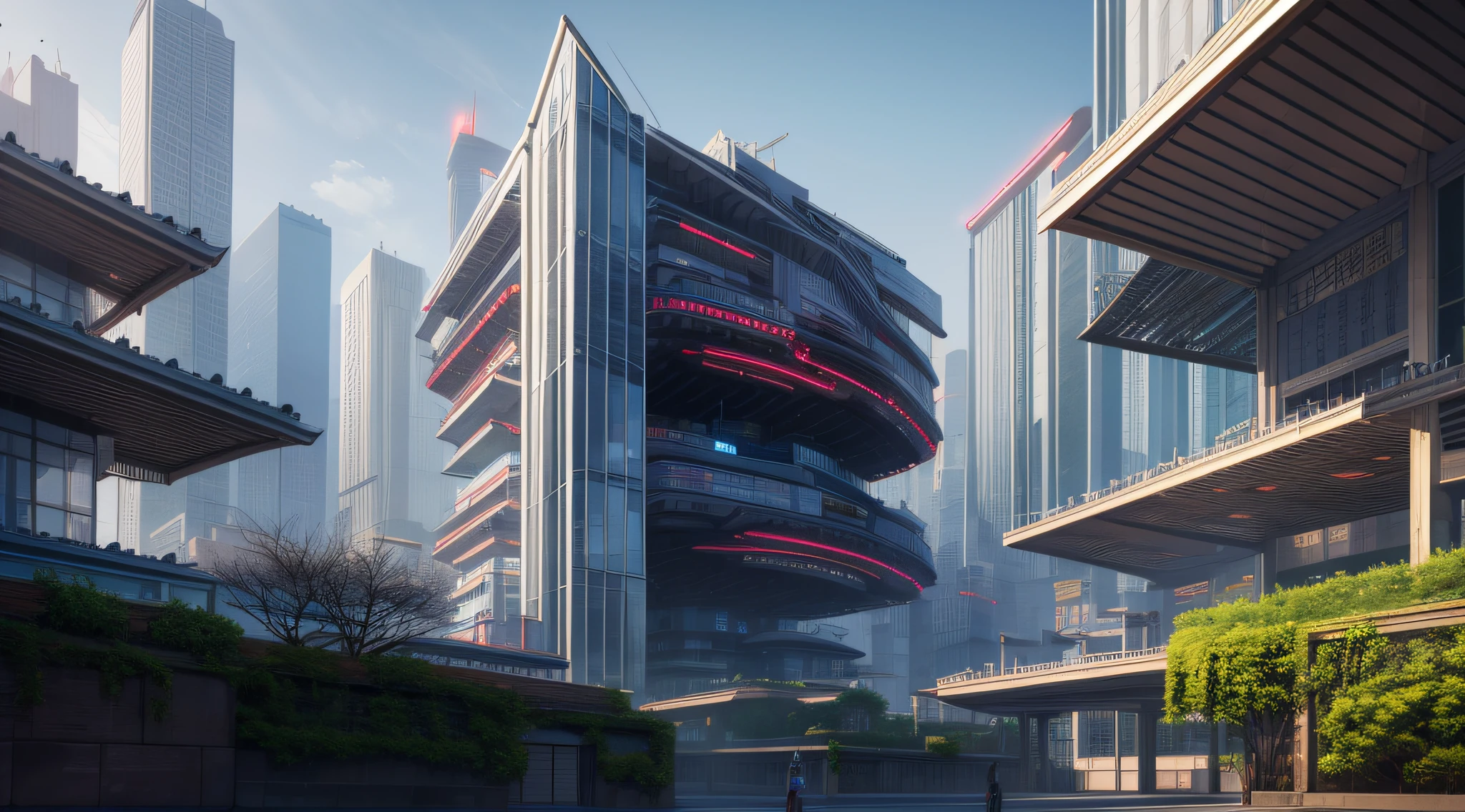 城市，Buildings，China-style，sci-fi building，mirai，sci-fy，best qualtiy，8k，tmasterpiece，RAW photos，trpical garden，Suspension car