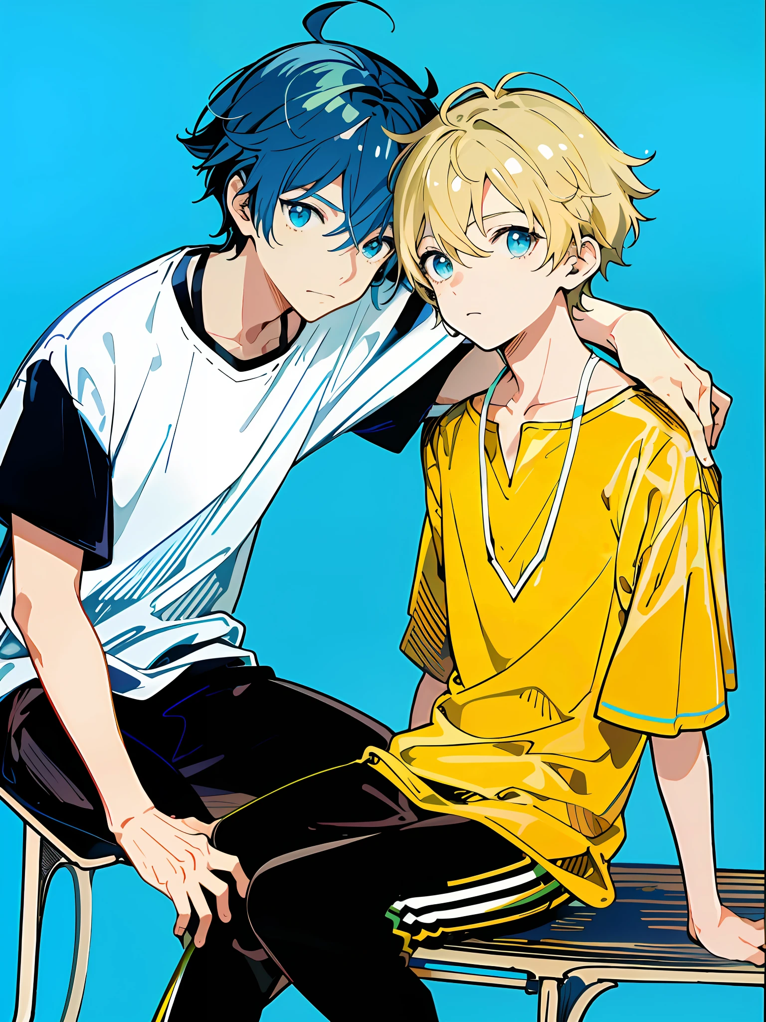 anime boy and girl sitting on a bench with their arms around each other, 2 d anime style, yellow and blue, Cute boys, in blue and yellow clothes, some yellow and blue, Beautiful Boys, coloured manga scan, blue and yellow, yellow and blue and cyan, Blue and gold, Two anime handsome men, 2 D Anime