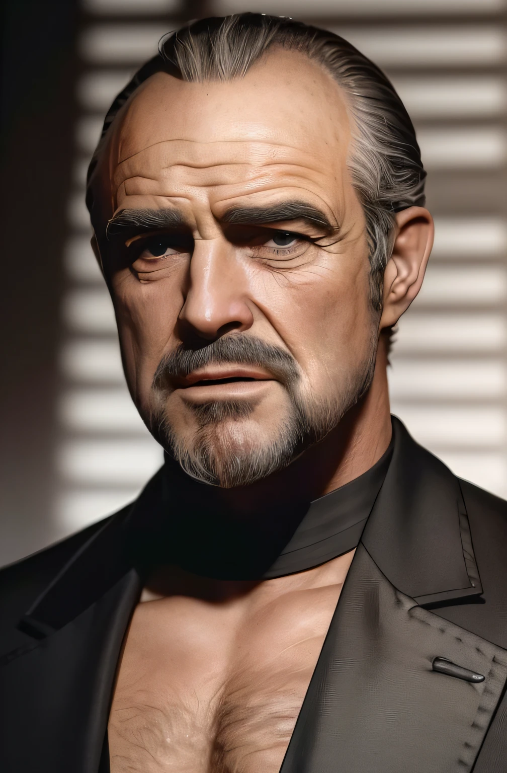 There is a man with a beard and a black shirt, Bruce virus,Sean Connery,Friendly smile