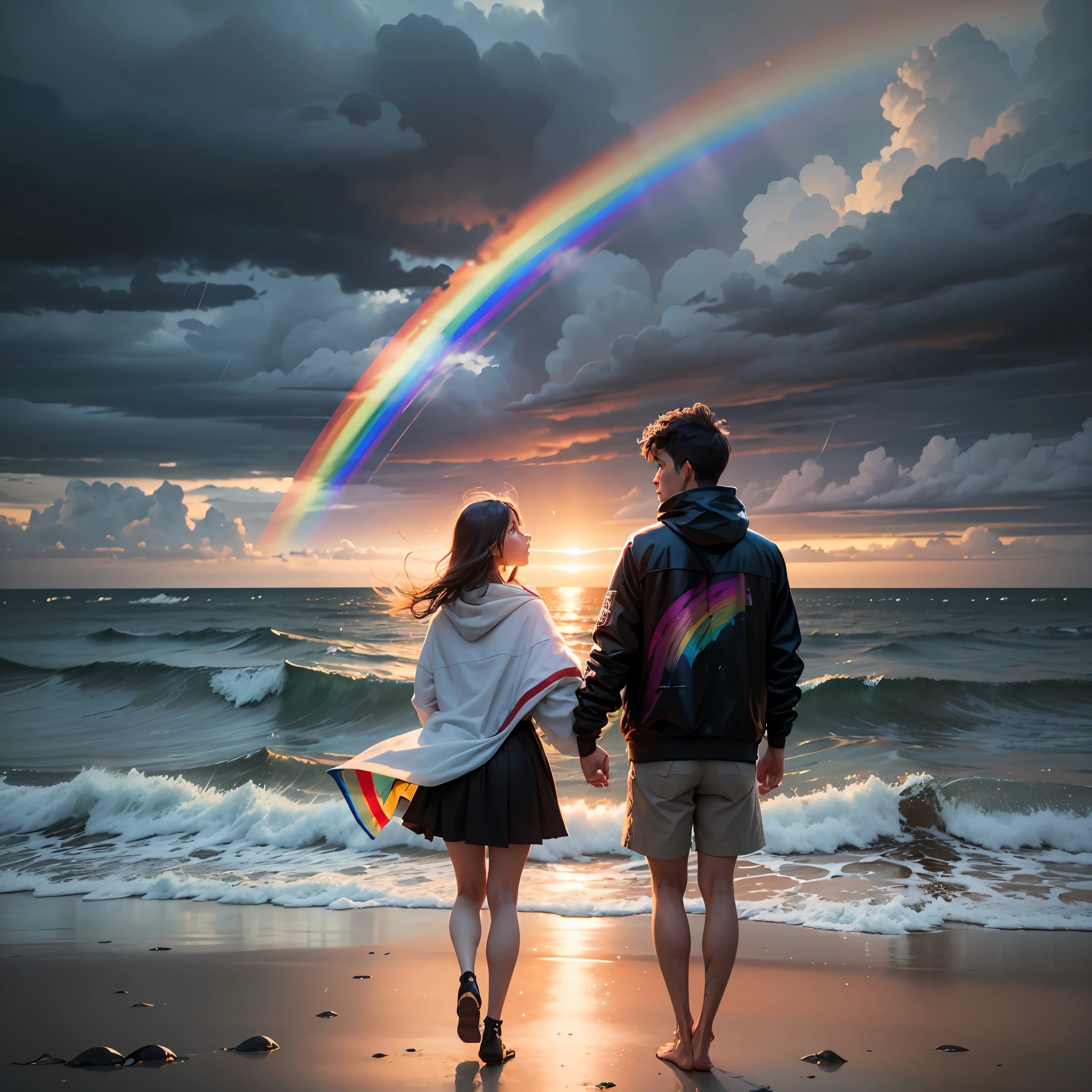 In the picture, I saw a quiet and distant seaside. The sky was covered with dark clouds, and the drizzle fell lightly on the sea. The sea breeze blows your cheeks, leaving thin raindrops. You stand on the shore and watch the rainbow in the distance, it blooms in gorgeous colors in the gray sky.

The sea is choppy, but your eyes are focused on that rainbow. It seems to be a symbol of love, but the love that has been turned over cannot be turned back. There is a trace of sadness in your eyes, and memories emerge in your heart. Raindrops fall on your arms, reflecting your watching and waiting.

The whole picture is permeated with a kind of strong sadness, but with a touch of beauty. The colors of the rainbow gradually seep into the picture, forming a strong contrast with the gray sky. This rainbow oscillates between passion and loss, symbolizing the ups and downs and struggles in love.

You can paint this artistic conception on the canvas, using soft tones to express the tranquility and sadness of the sea, using delicate brushstrokes to describe the softness of raindrops, and the splendor and hope of the rainbow. At the same time, through the gestures and expressions of the characters, the emotions of waiting and watching are conveyed. --auto
