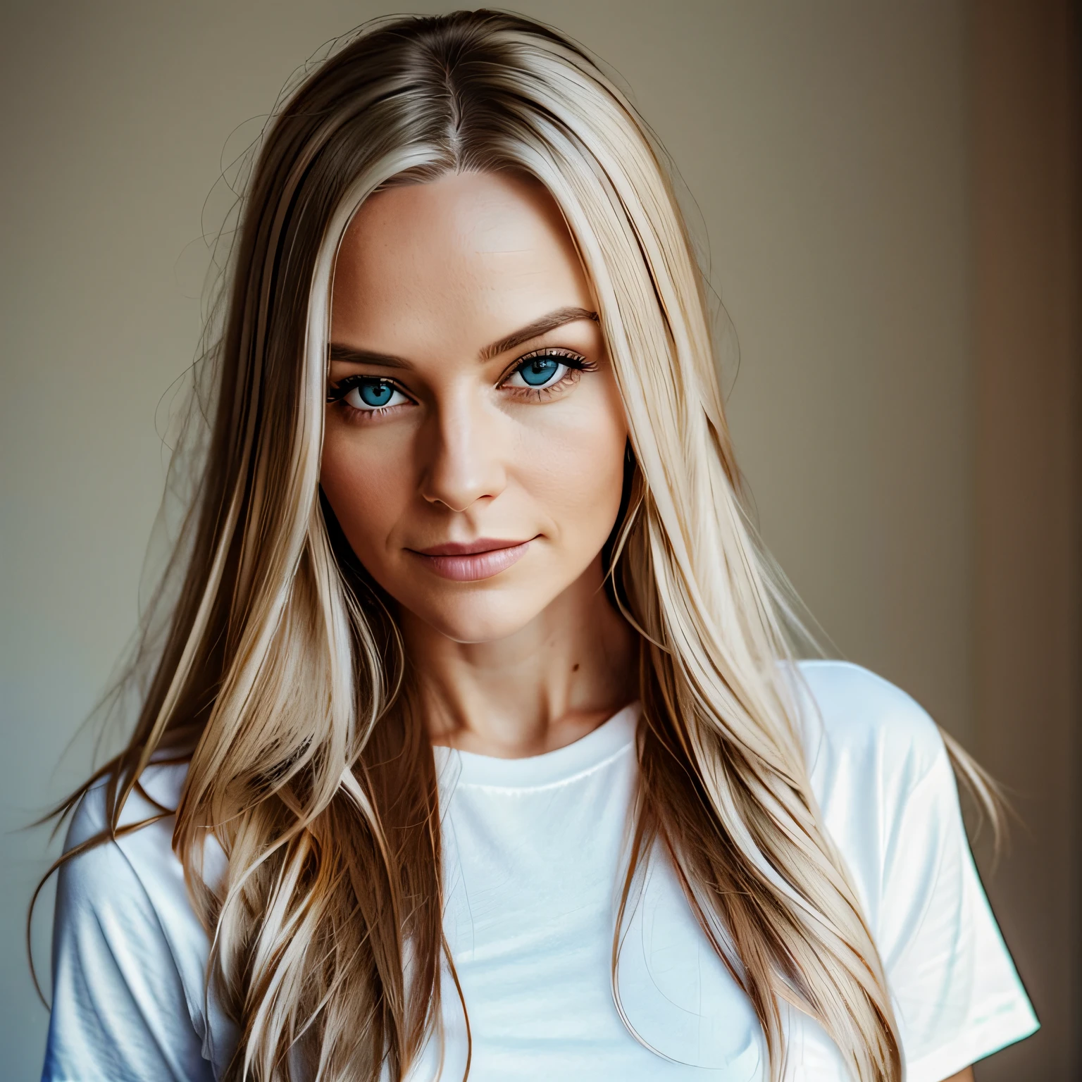 /A portrait of a beautiful, intelligenten Frau, die etwa 44 Jahre alt ist, Dunkelblonde Haare, green-brown eyes, wearing a white t-shirt-- AR2:3