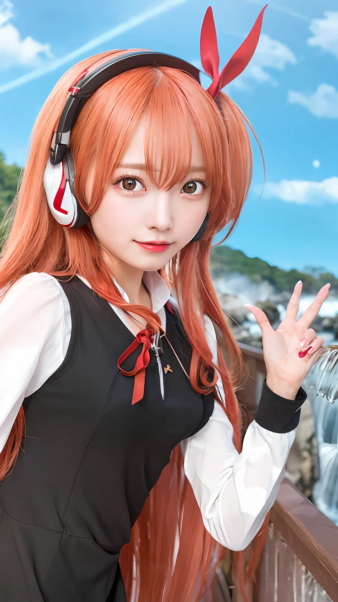 anime girl with long red hair and headphones standing in front of a waterfall, kantai collection style, smooth anime cg art, anime moe artstyle, marin kitagawa fanart, anya from spy x family, ecchi anime style, asuna yuuki, digital anime illustration, beautiful anime high school girl, twintails, anime visual of a cute girl, 1girl, realistic, ultra detail, photography,
