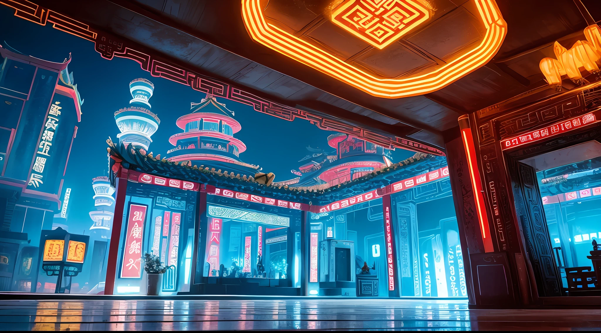 Chinese ancient architecture,cyber punk perssonage,Science fiction scene,neon lights,tholos,Faraway view --auto