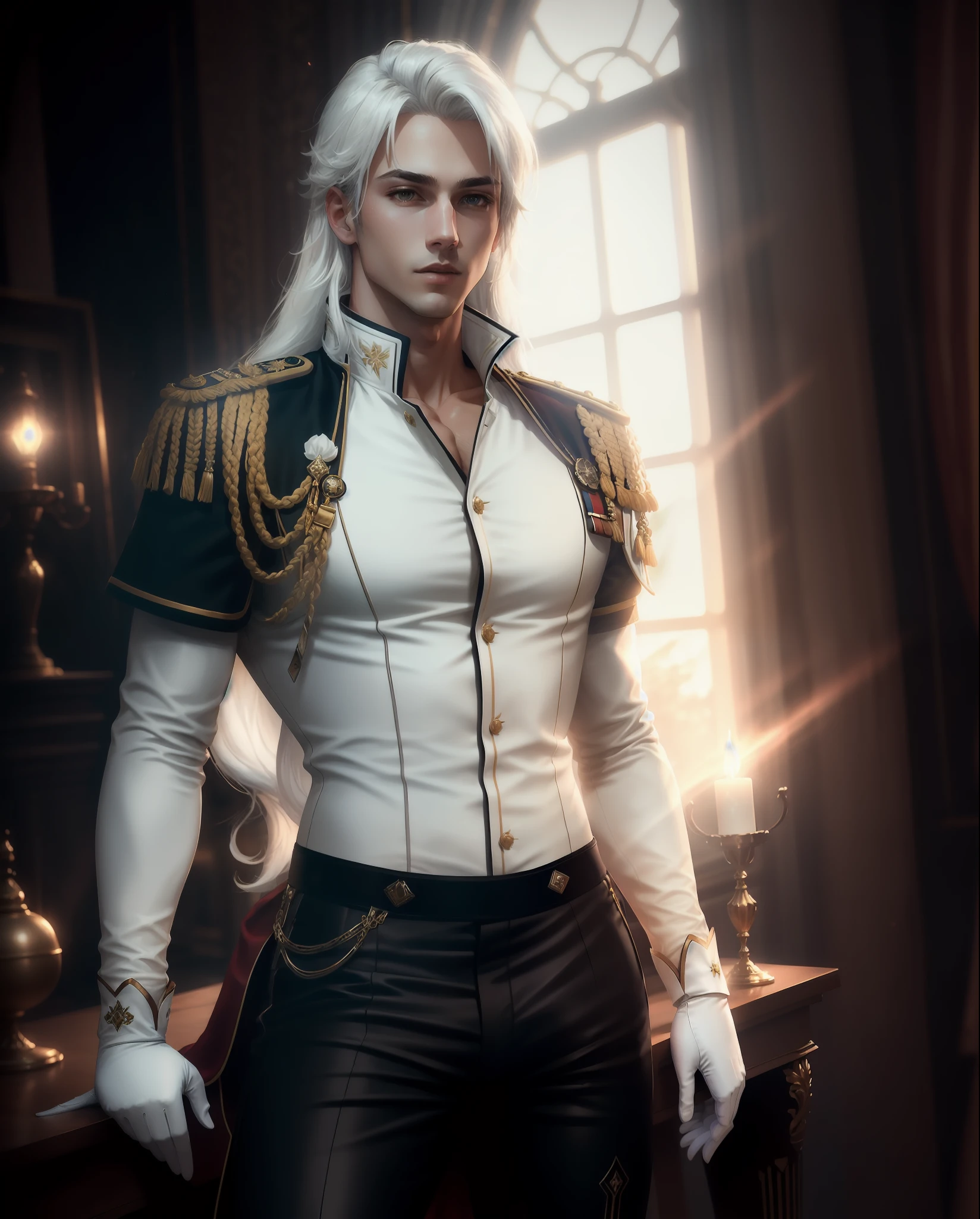 masterpiece, best quality,, 1man, male focus, shirt, solo, long white hair, royal uniform, white gloves, black pants, thigh high boots, long hair, 8k resolution covered navel, full lips, perfect anatomy, cinematic lighting, intricately detailed, elegant, volumetric lighting
