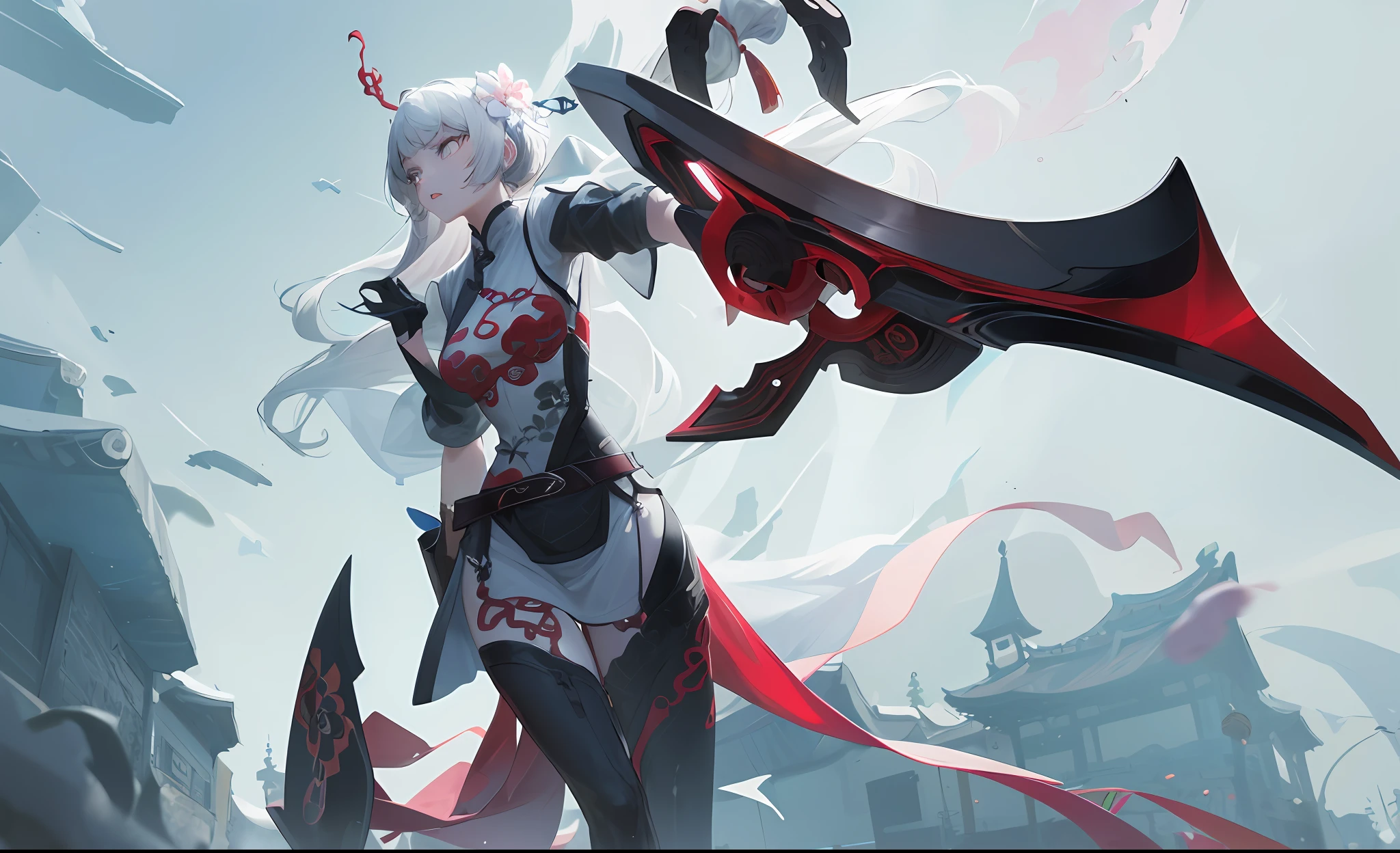 Masterpiece, Best Quality, Night, Full Moon, 1 Girl, Mature Woman, Chinese Style, Ancient China, Sister, Royal Sister, Cold expression, expressionless face, Silver white long haired woman, Light pink lips, Calm, Intellectual, Three belts, Gray pupils, Assassin, Short knife, Flower ball background, Strolling in the street scenery