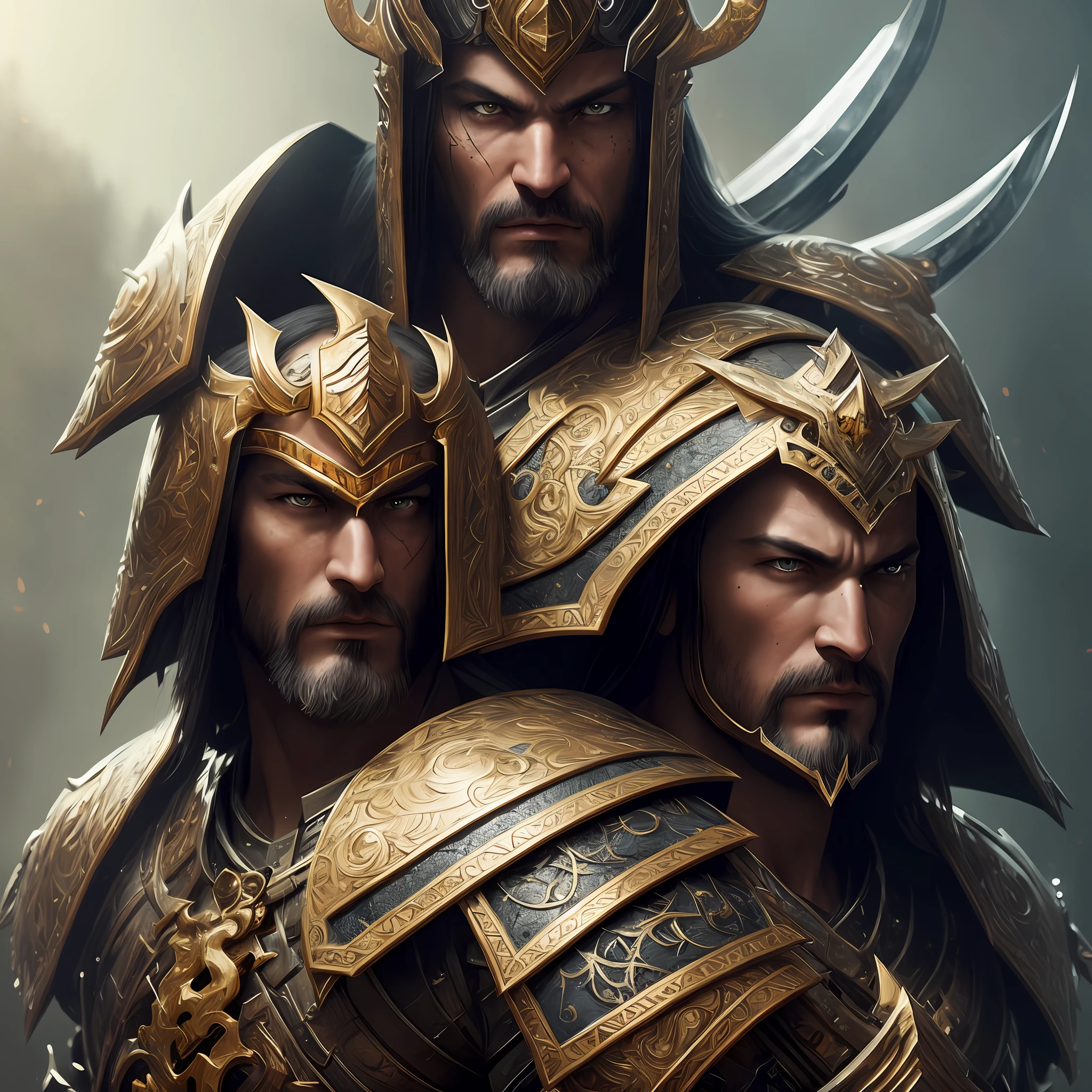 (Detailed Illustration: 1.3) of (Painting: 1.3) A (Full Body: 1.3) Shot in 8k resolution, splatter art, dreamy comic book style, realistic, intense look, anatomically realistic digital painting portrait (old male: 1.3) Human (warrior: 1.3) black and gold complex (heavy armor: 1.3) in (dark and moody universe: 1.3), light particles, very detailed skin, samurai, very detailed eyes, (elden ring style: 1.3), (warhammer style: 1.1), concept artist, global illumination, depth of field, splash art, artgerm and art by greg rutkowski and viktoria gavrilenko --auto