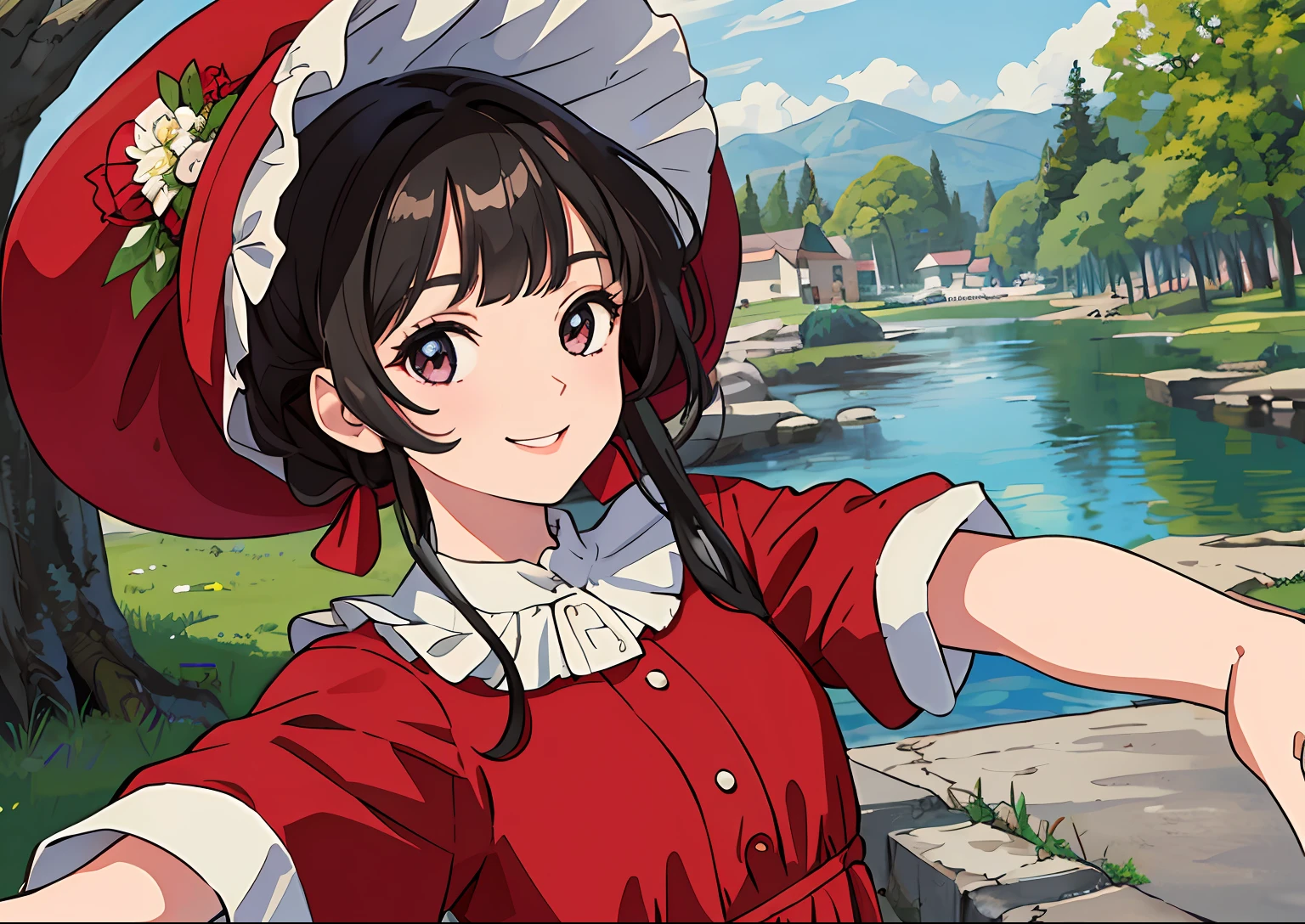 (masterpiece, best quality), 1girl, smiling, pretty, taking a selfie, outdoors, beautiful face, bonnet, red dress