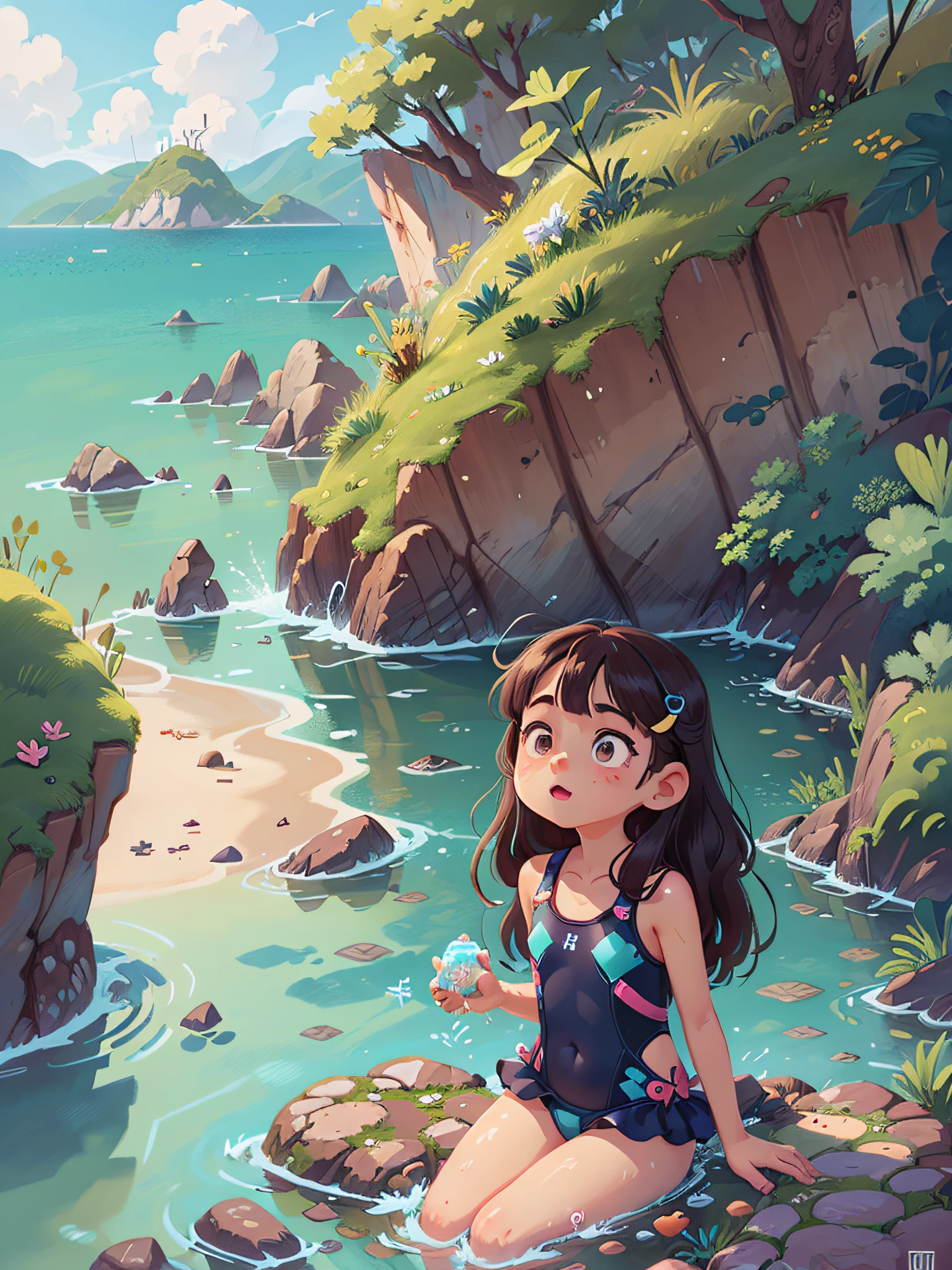 Tips:A very charming in a swimsuit,Enjoy lovely summer surrounded by crystal clear sea and nature,Have fun playing by the sea。The illustration is a high-definition illustration in 4K resolution,With very detailed facial features and cartoon-style visuals。