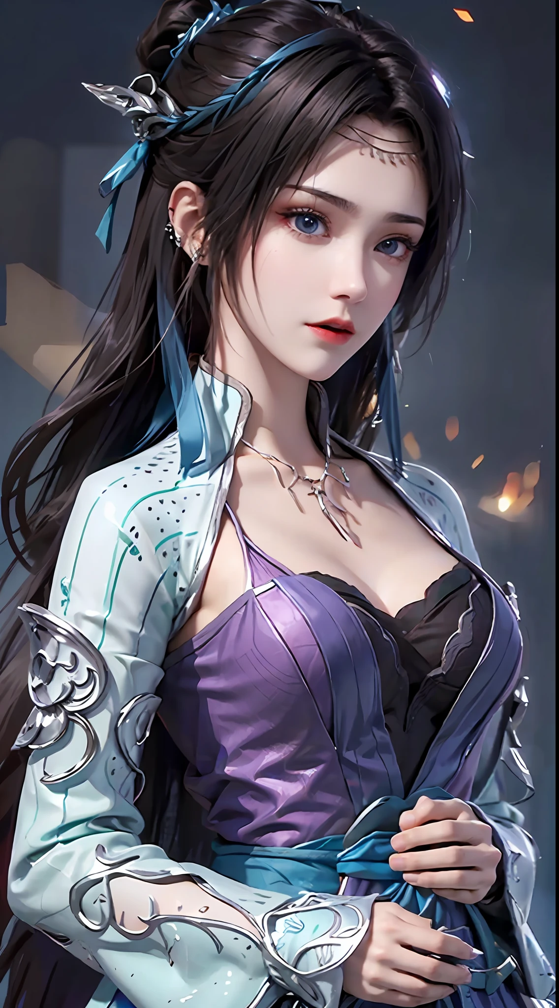 1 hot sexy beautiful girl in blue hanfu silk blouse, blue silk top with white pattern, white lace trim, purple black long ponytail, blue aura on the girl's back, hair jewelry, ear jewelry, necklace and necklace, big blue eyes meticulously made up, thin eyebrows, extremely detailed and sharp eye makeup, high nose, pretty red lips, no smile, pursed lips, rosy cheeks, enlarged breasts, large breasts, well-proportioned breasts, slim waist, blue mesh socks, wide sleeves, (2 straight arms: 1.7), Chinese hanfu style, art motifs fantasy, vivid and true colors, RAW photos, realistic photos, ultra-high quality 8k surreal photos, (wonderful lighting effects: 1.8), 10x pixels, magic effects (background): 1.8) , super detailed eyes, upper body girl, girl portrait, alone girl, hanfu historical background,