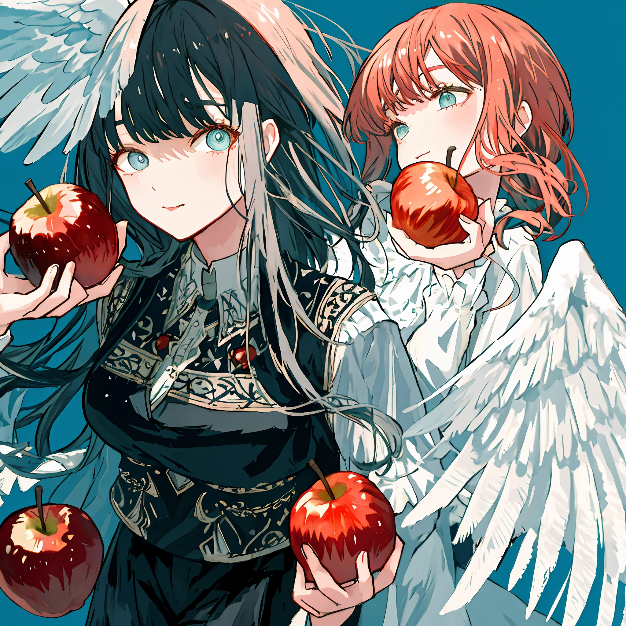 : apples、Be red in the face、cherrie、the fruits、full bodyesbian、Humanity、morango、Tomates、Beautiful and intricate background、Blue perfect eyes、High resolution face、White skin of the、Dreamy clear colors、Impressionist light and shadow、Two-person interaction、Feathered wings