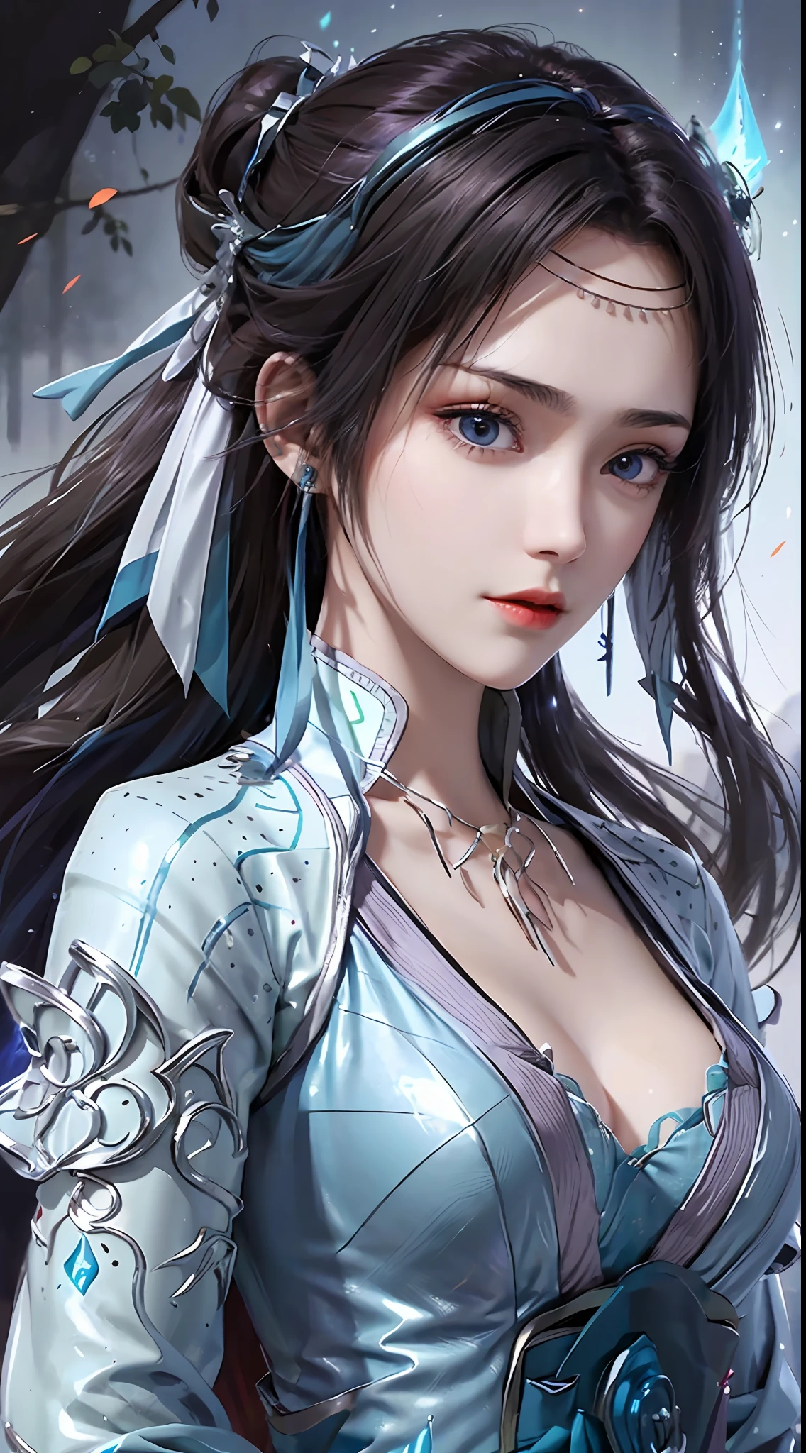 1 hot sexy beautiful girl in blue hanfu silk blouse, blue silk top with white pattern, white lace trim, purple black long ponytail, blue aura on the girl's back, hair jewelry, ear jewelry, necklace and necklace, big blue eyes meticulously made up, thin eyebrows, extremely detailed and sharp eye makeup, high nose, pretty red lips, no smile, pursed lips, rosy cheeks, enlarged breasts, large breasts, well-proportioned breasts, slim waist, blue mesh socks, wide sleeves, (2 straight arms: 1.7), Chinese hanfu style, art motifs fantasy, vivid and true colors, RAW photos, realistic photos, ultra-high quality 8k surreal photos, (wonderful lighting effects: 1.8), 10x pixels, magic effects (background): 1.8) , super detailed eyes, upper body girl, girl portrait, alone girl, hanfu historical background,