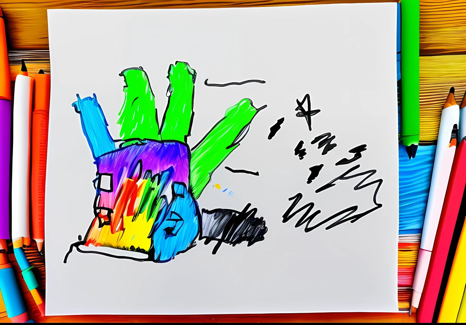 Draw a hand with a pen and a bag of paint, a child's drawing, kids drawing, kids drawing, kids drawing, kids drawing, Color hand painted, kids drawing, Children's drawing, based on child's drawing, colourful drawing, colorful drawing, Colorful picture, colored marker, crayon drawing, color drawing, color drawing