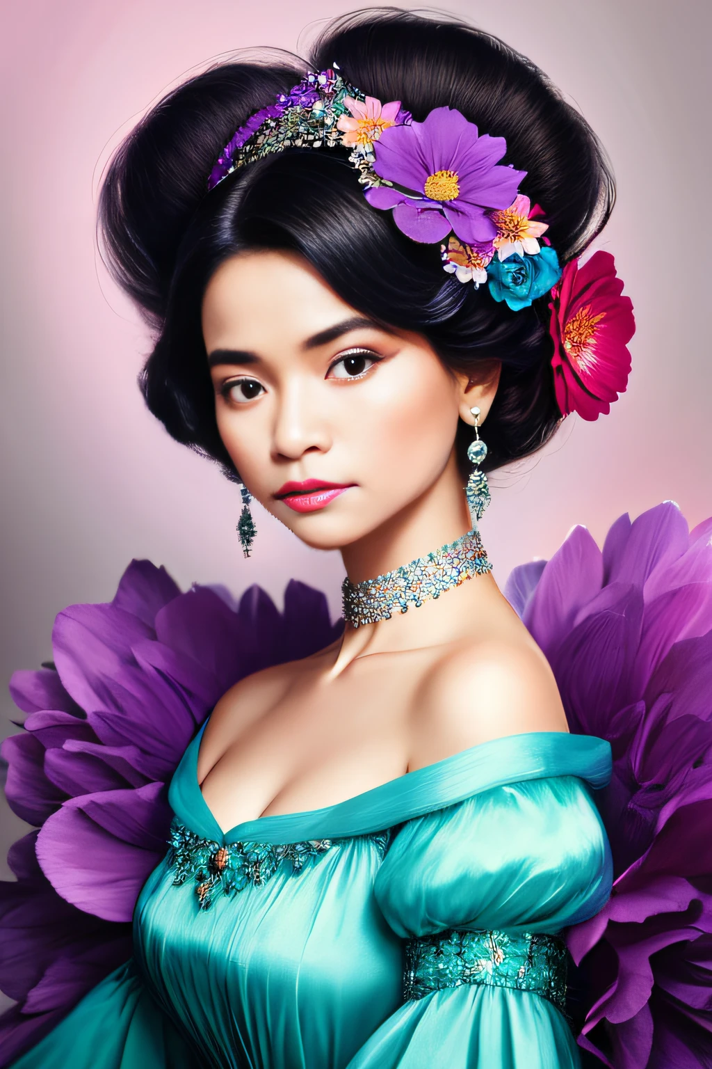 there is a woman with a flower in her hair, a portrait of beauty, a portrait of the color of glamour, beauty retouching, a portrait of a flower storm, her face is a purple flower, a woman in flowers, a fairytale look, a female portrait with flowers, a perky woman made of petals, 8k art portrait photography, girl in flowers, fashion photography, stylized beauty portrait, stylish Vivian Sassin, Brian Oldha