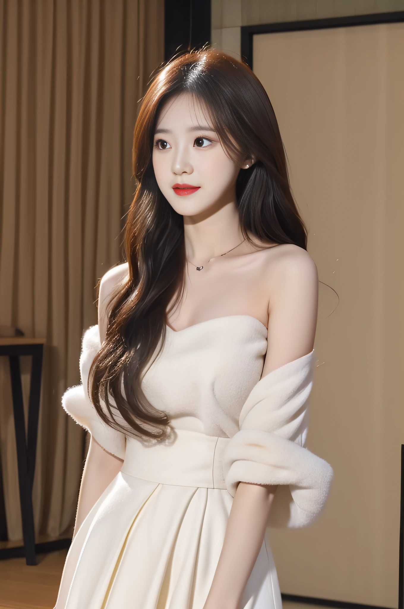 At the beginning of the lantern, the hall was wide, wearing a white dress, the skirt was fluffy and flowing, looking particularly young. Hair casually draped over shoulders, delicate face, full-body photo, medium chest,