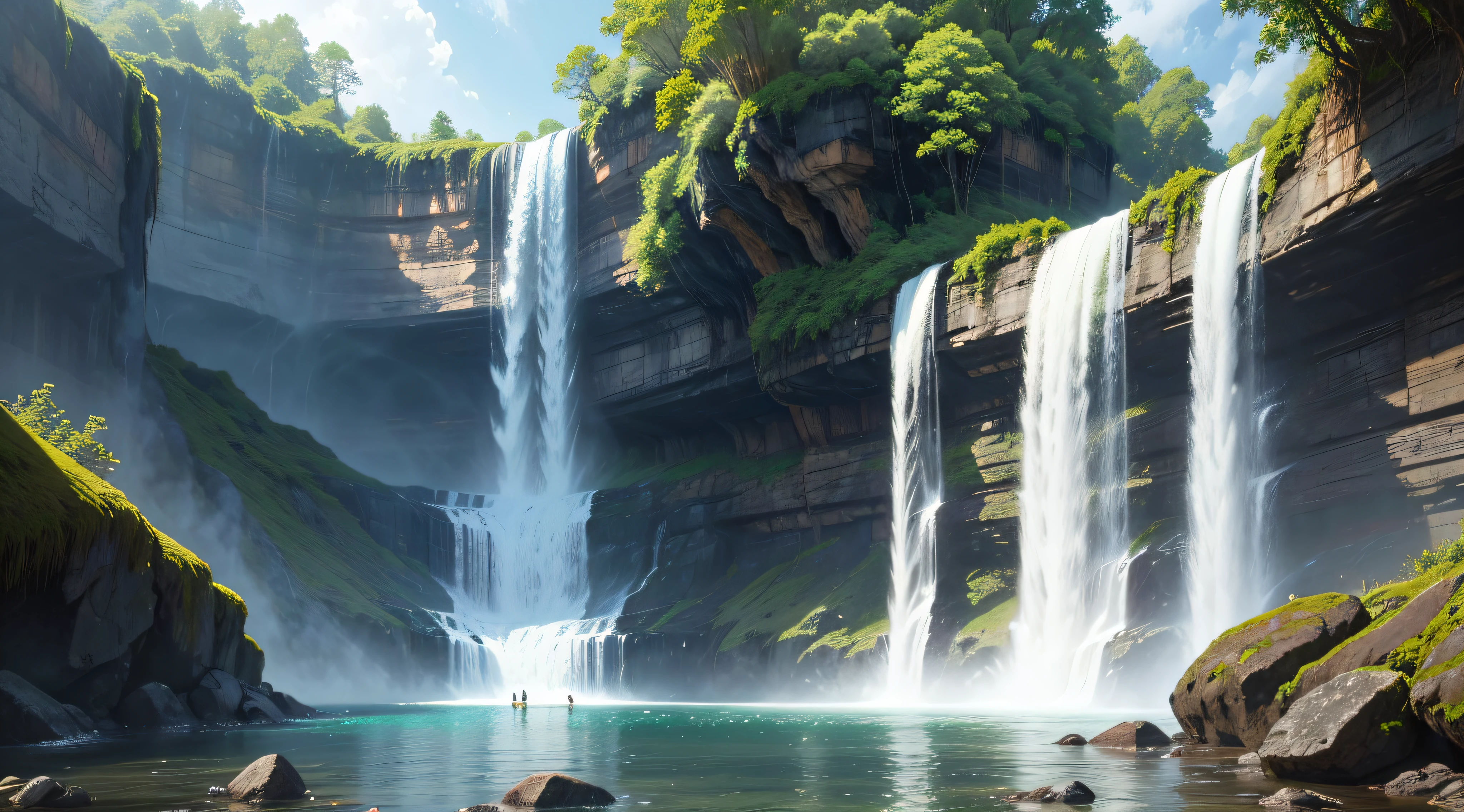 There is a forest next to the waterfall,There is a rainbow on the waterfall,There are several small birds on it --auto