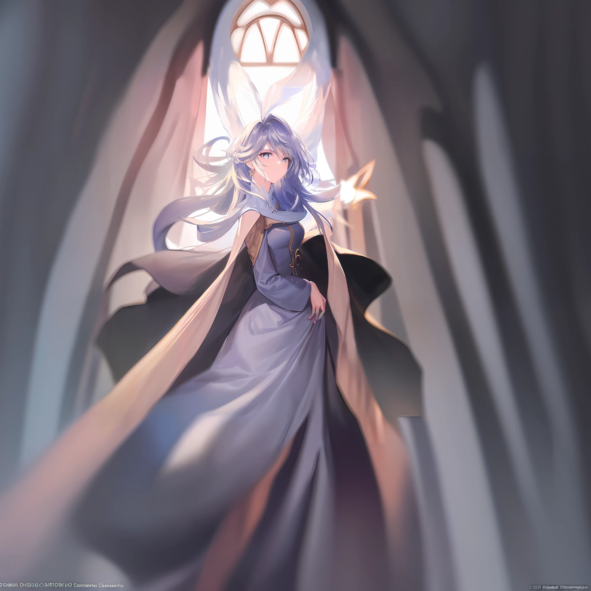 Anime - a stylized image of a woman in a long skirt and a cape, white-haired god, Beautiful celestial mage, ! Dream Artgerm, Detailed fanart, offcial art, anime moe art style, official fanart, sky witch, high detailed official artwork, Digital art on Pixiv, Anime fantasy illustration, zerochan art,Standing barefoot in the church