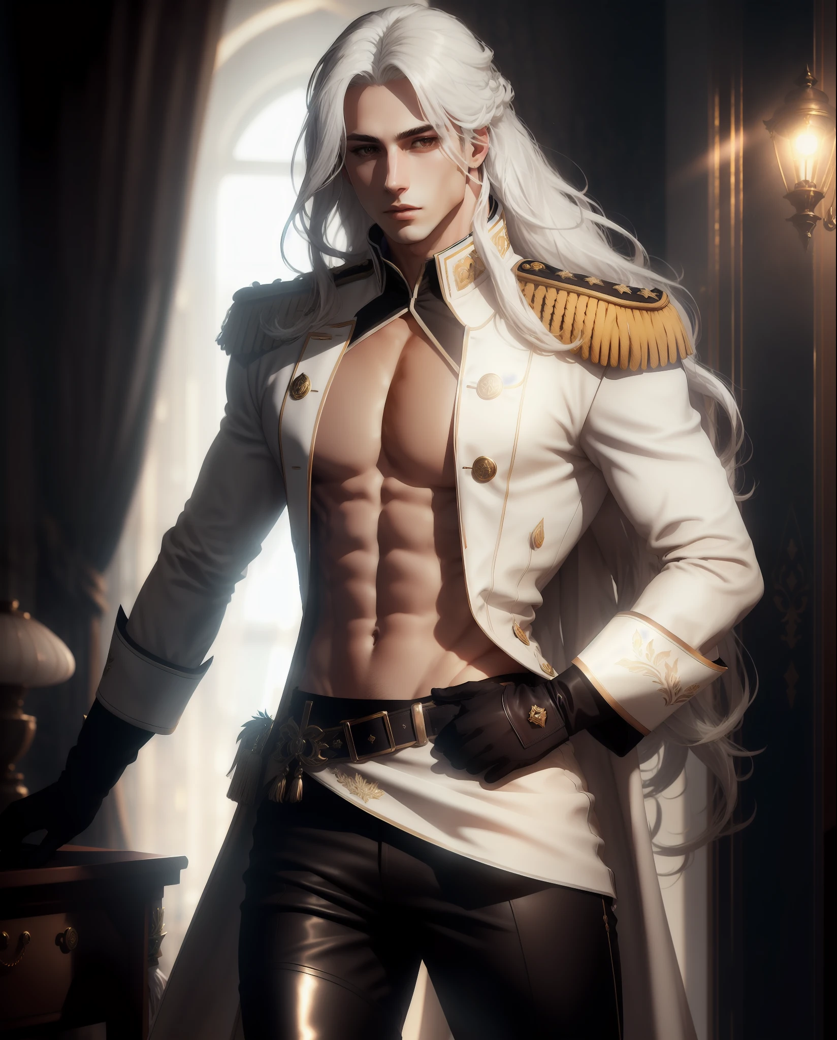 masterpiece, best quality,, 1man, male focus, shirt, solo, long white hair, royal uniform, white gloves, black pants, thigh high boots, long hair, 8k resolution covered navel, full lips, perfect anatomy, cinematic lighting, intricately detailed, elegant, volumetric lighting