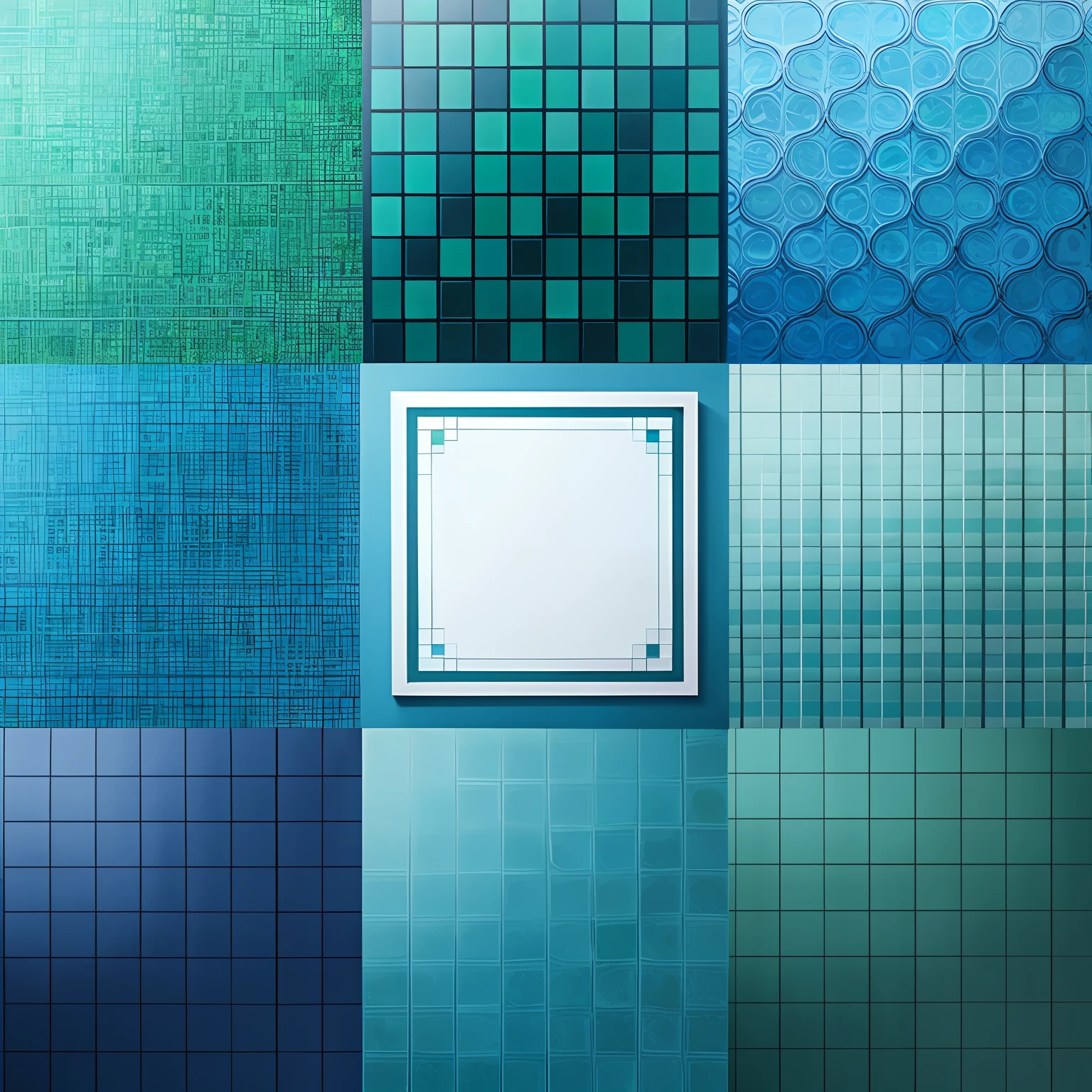 a mosaic,blue green,abstracted,tartan,repeated,square shapes --auto