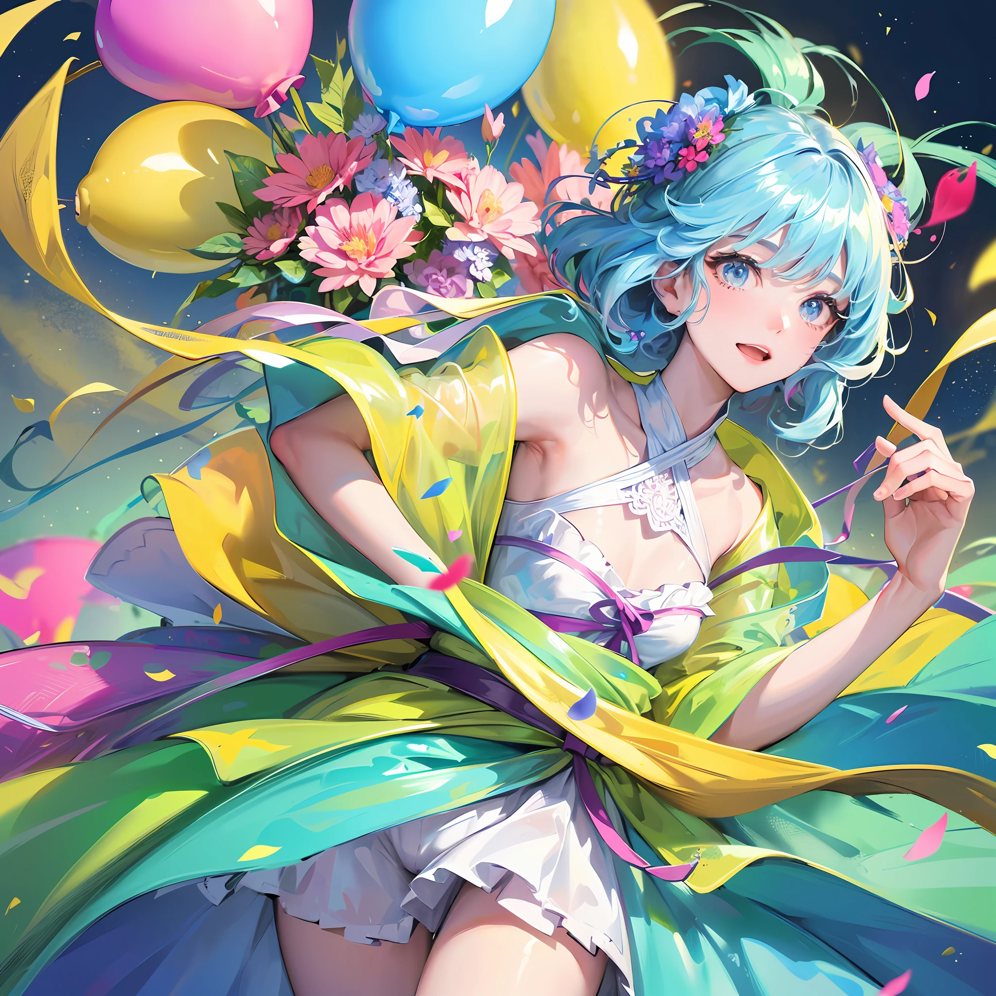 A boy holding flowers, colorful balloons floating in the sky, meadow, dancing, holding flowers, happy, happy, perfect quality, clear focus (clutter - home: 0.8), (masterpiece: 1.2) (Realistic: 1.2) (Bokeh) (Best quality) (Detailed skin: 1.3) (Intricate details) (8K) (Detail Eyes) (Sharp Focus), (Happy) --auto