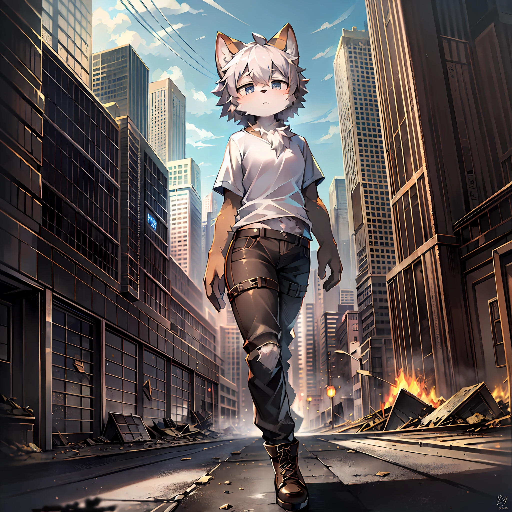 high quality, very high resolution, large filesize, full color, high quality, very high resolution, large filesize, High-quality illustrations, masterpiece (highly detailed beautiful face and eyes)absurdres, perfect anatomy(super cute girl, kemono)(furry anthro:1.7)(Furry body, dog facial features, dog body features)(((very detailed body fur)))full body, dramatic composition, future, Earth, collapsed world, gray, dirty white shirt, black pants, worn boots, expressionless, tired, lonely, despairing, dark, lonely, left side, brown, valuable items, food, destroyed city, collapsed buildings, cars, roads, rusted, burned,