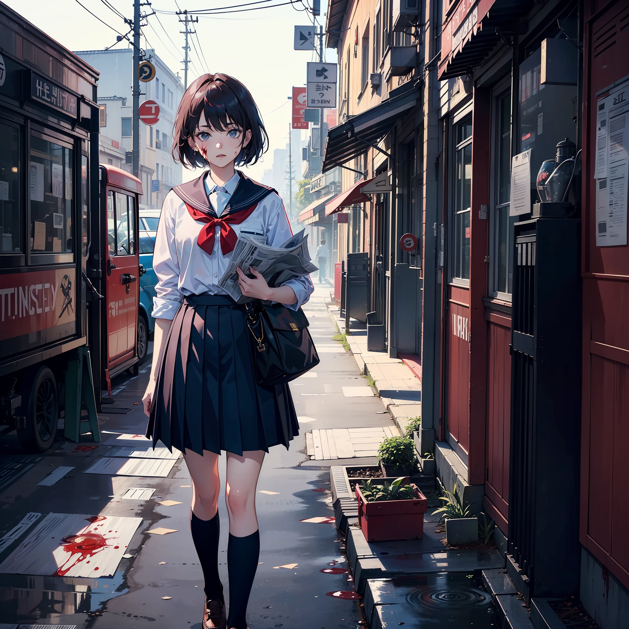 (masterpiece,top quality,best quality,official art,beautiful and aesthetic:1.2),
1girl,newspaper background,standing, blood on face, Clothes with small pieces of red
(jk_style,jk,school uniform),