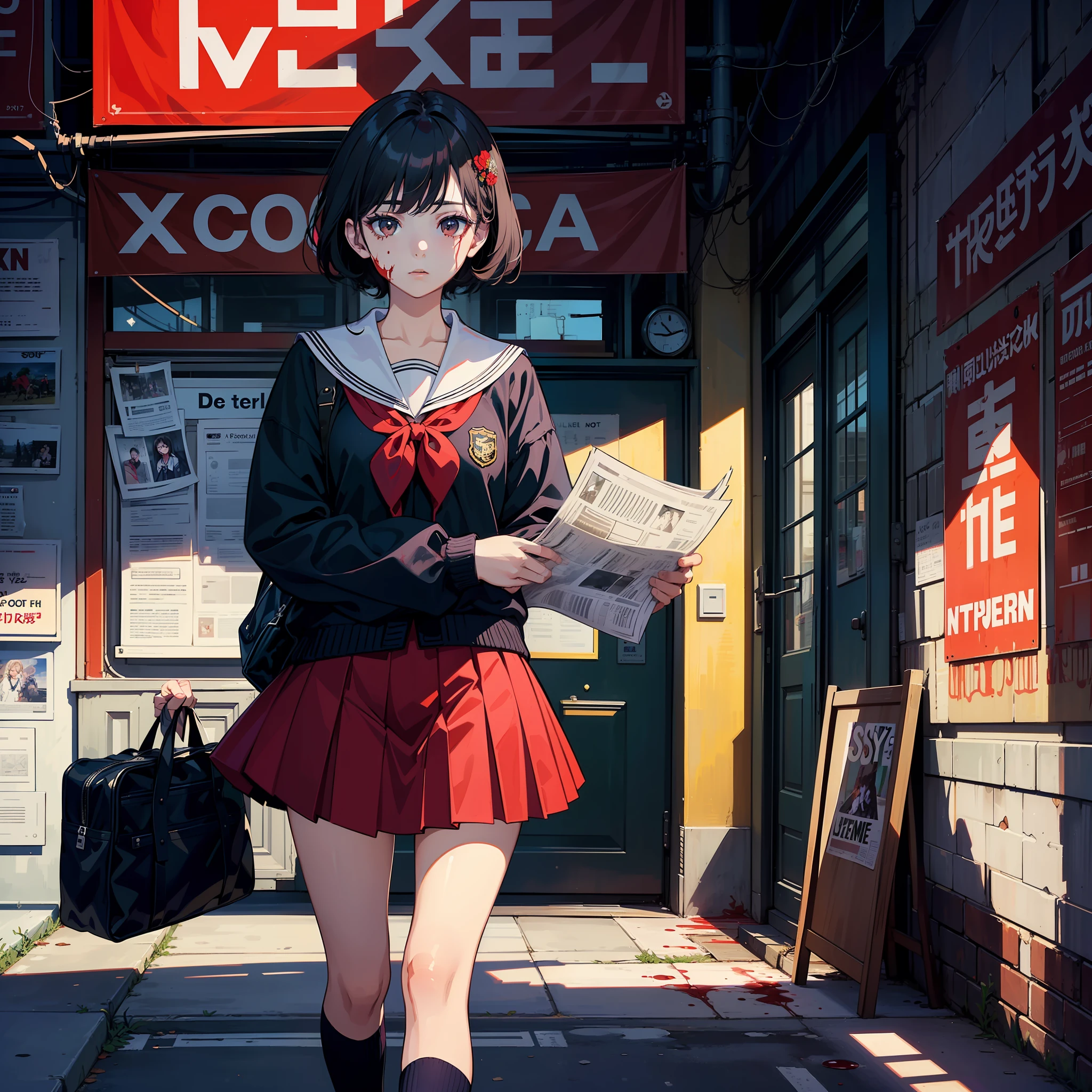 (masterpiece,top quality,best quality,official art,beautiful and aesthetic:1.2),
1girl,newspaper background,standing, blood on face, Clothes with small pieces of red
(jk_style,jk,school uniform),