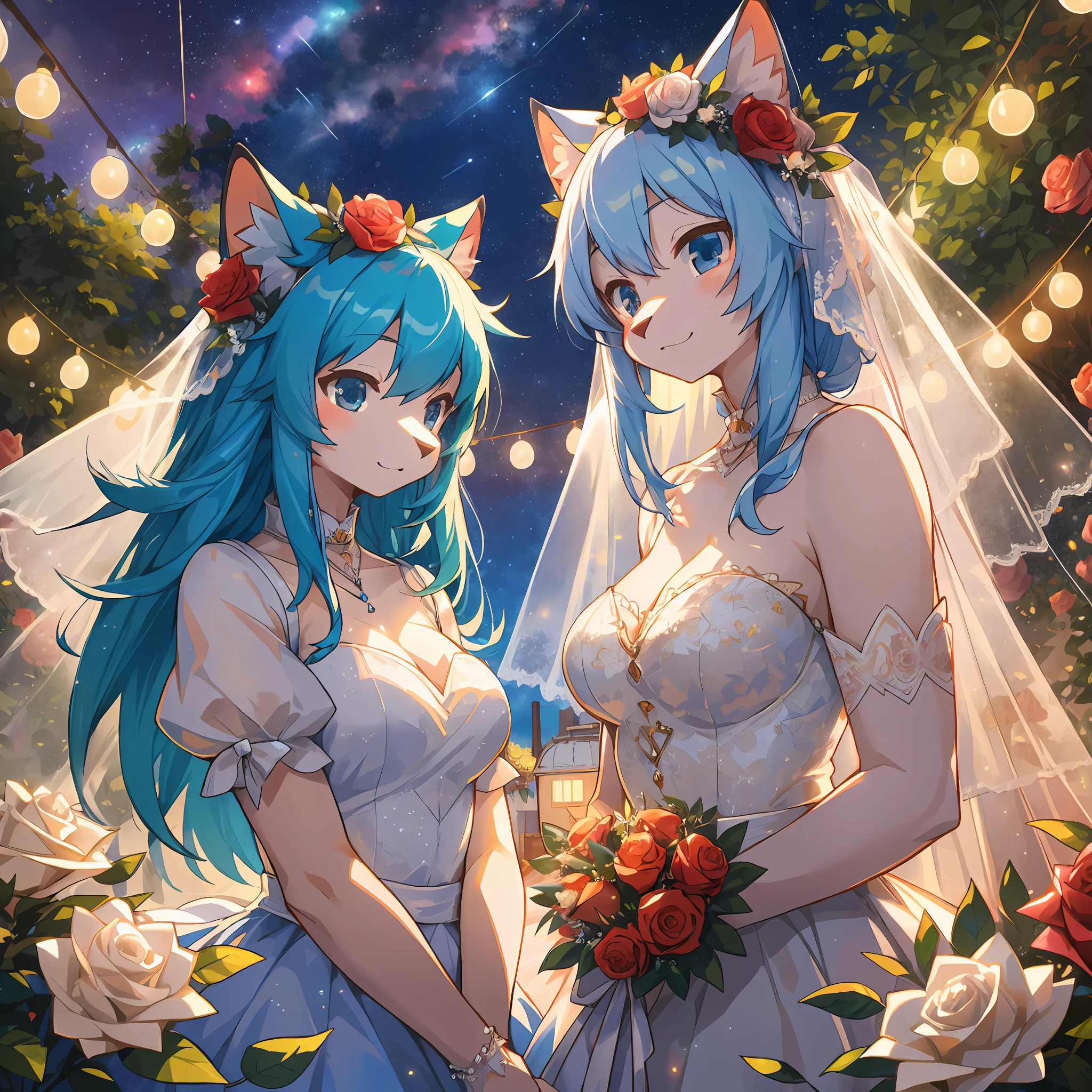 top quality, furry anthro, kemono, two beautiful brides, cute white caravan with white and red roses, diamonds, lots of fairy lights, bunting, balloons, pretty, beautiful, vivid colors, Intricate, Highly detailed, Warm lighting, Sharp focus, beautiful starry sky, perfect composition, extreme camera angle, upper body,