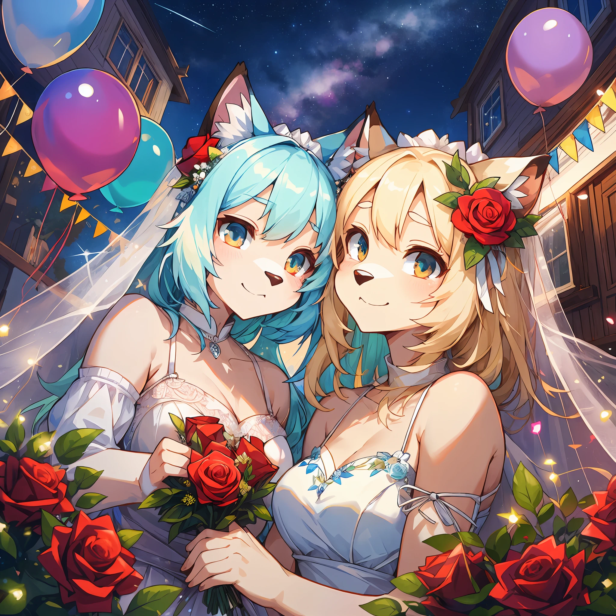 top quality, furry anthro, kemono, two beautiful brides, cute white caravan with white and red roses, diamonds, lots of fairy lights, bunting, balloons, pretty, beautiful, vivid colors, Intricate, Highly detailed, Warm lighting, Sharp focus, beautiful starry sky, perfect composition, extreme camera angle, upper body,