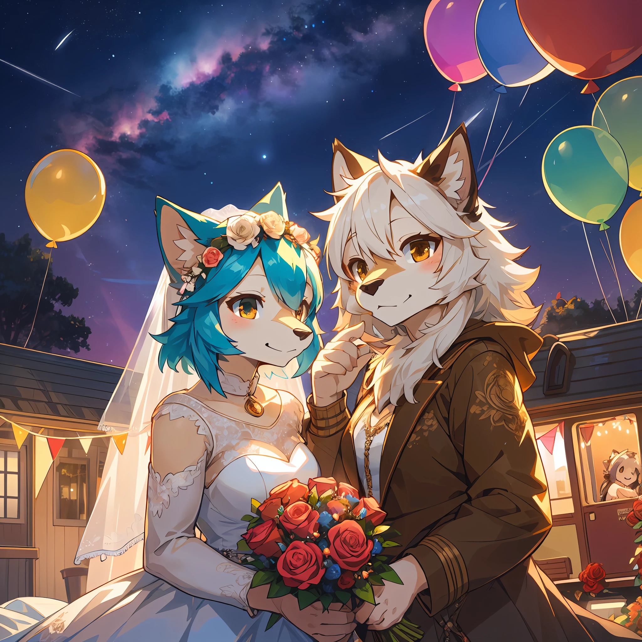top quality, furry anthro, kemono, two beautiful brides, cute white caravan with white and red roses, diamonds, lots of fairy lights, bunting, balloons, pretty, beautiful, vivid colors, Intricate, Highly detailed, Warm lighting, Sharp focus, beautiful starry sky, perfect composition, extreme camera angle, upper body,