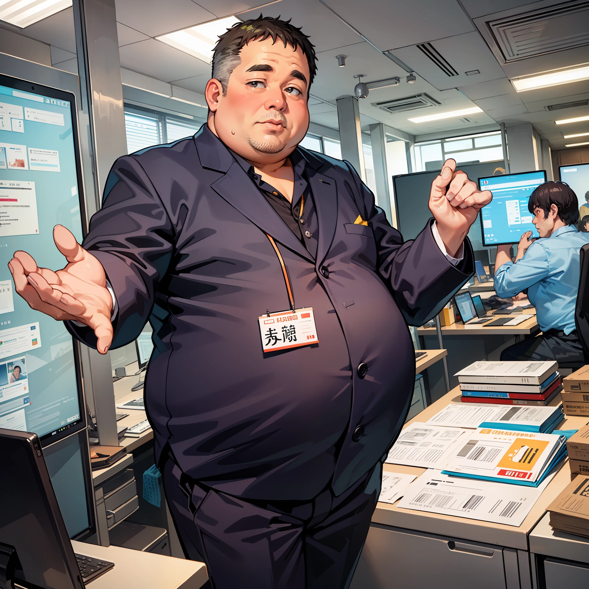 (A fat, greasy middle-aged man in a suit)
(Raises hand, snaps)
(There are several Chinese people sitting in the office.)