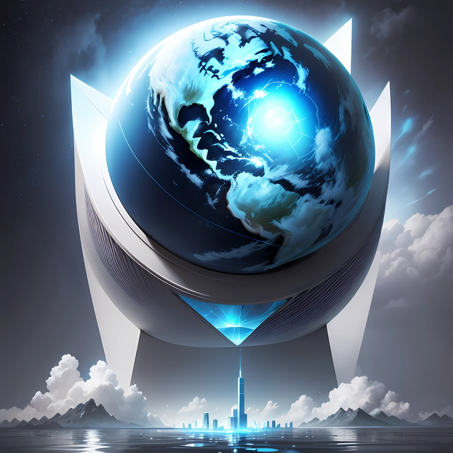 Help me draw a high-resolution picture,square shapes,white colors,In the middle is a gradient blue globe,There are tall buildings in the middle of the earth、Elements such as roads,At the same time, there are elements such as heavy rain and floods --auto