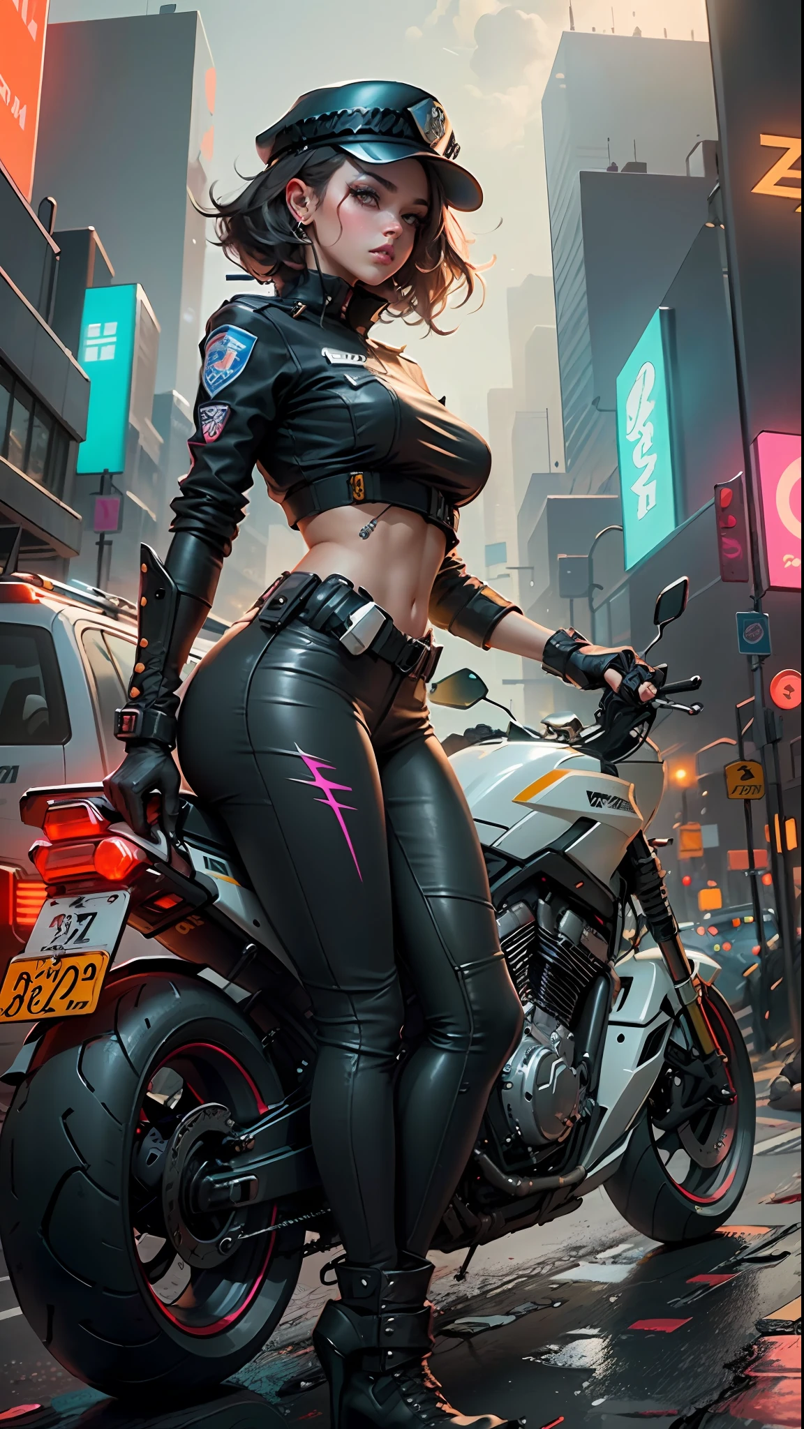 Mulher bonita cabelo preto curto, wearing cap, saia curta de couro, roupas curtas estilo cyberpunk, mulher policial cyberpunk, tomboy, Traffic Police, futuristic flying police motorcycle, police hovercycle patrol, noite, neons