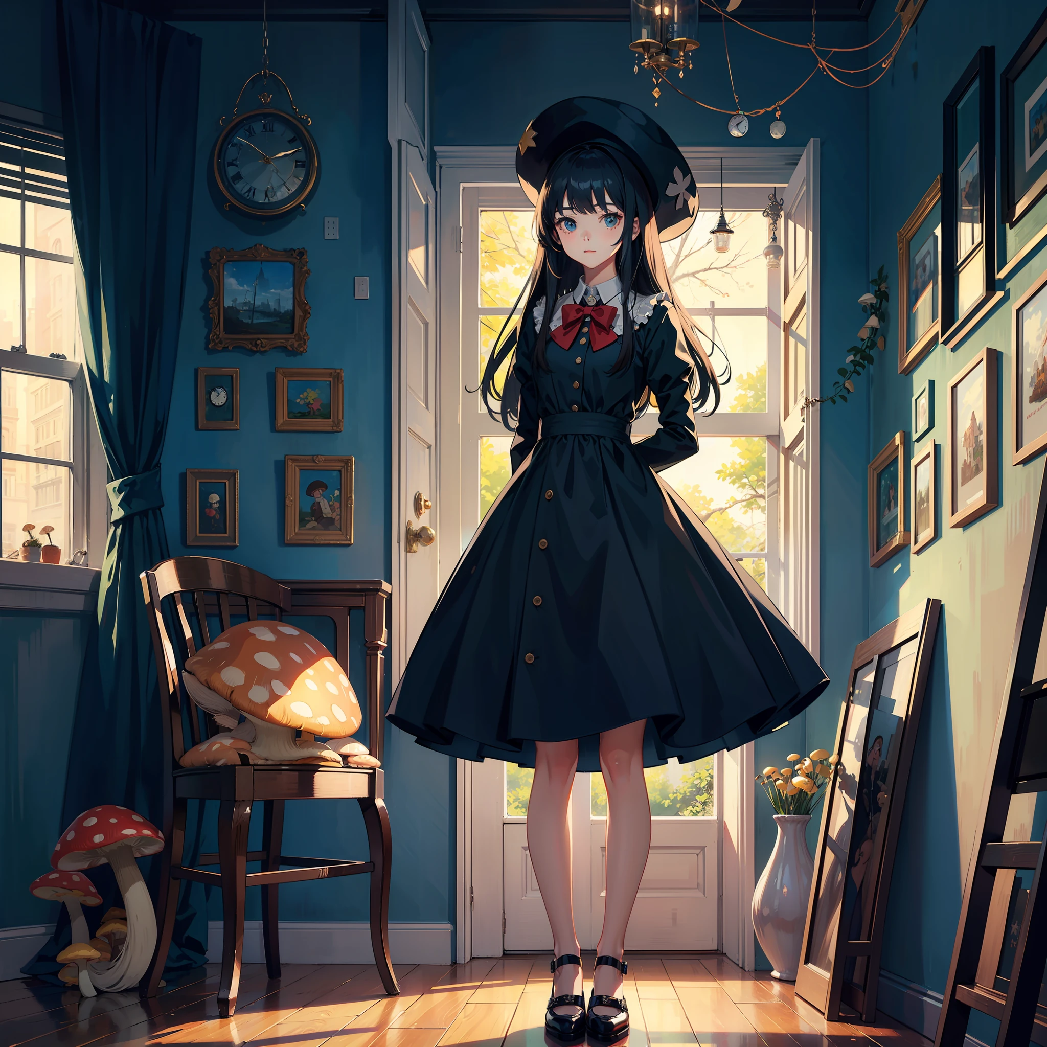 long_hair, 1girl, dress, bow, shoes, clock,Mushroom, painting,