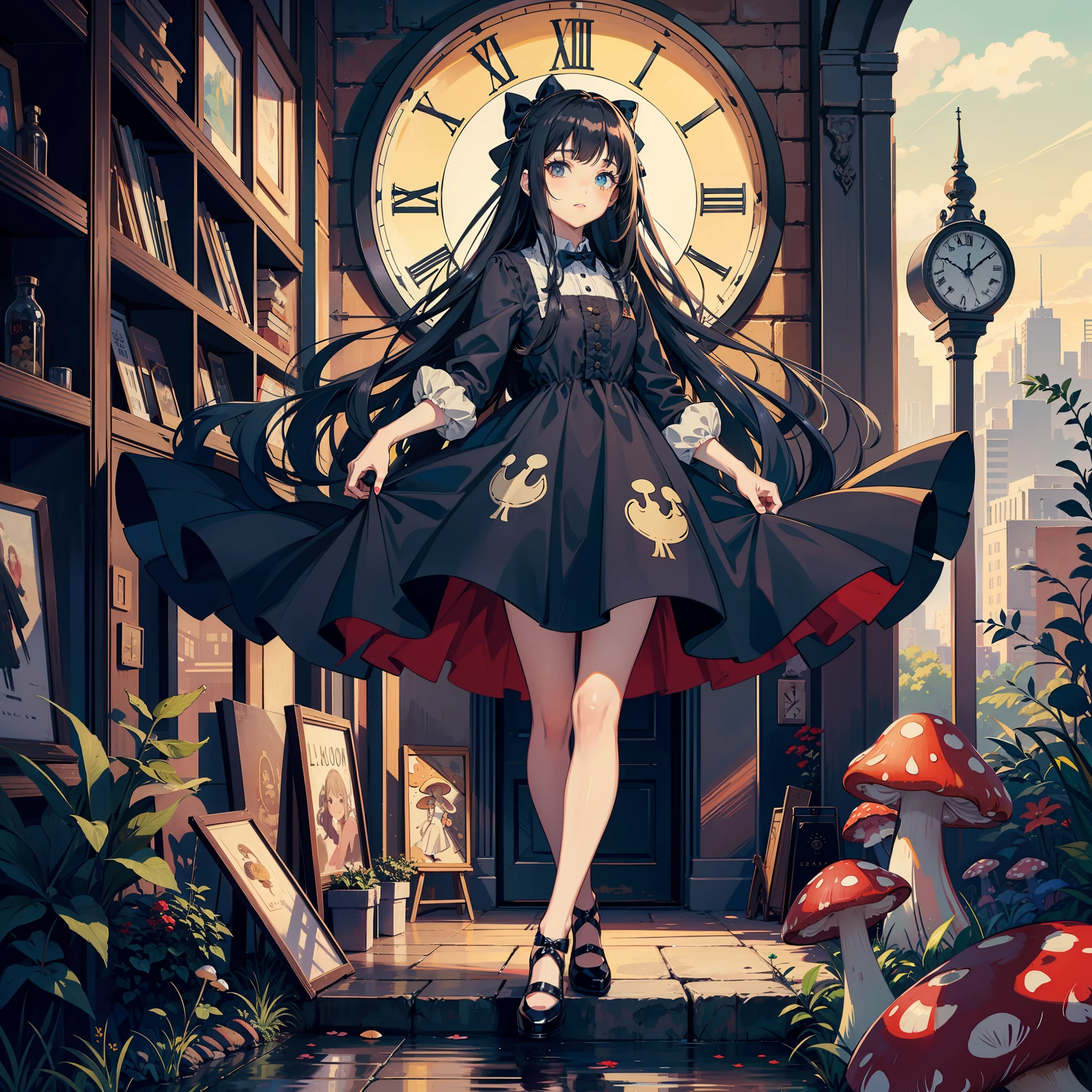 long_hair, 1girl, dress, bow, shoes, clock，Mushroom, painting,