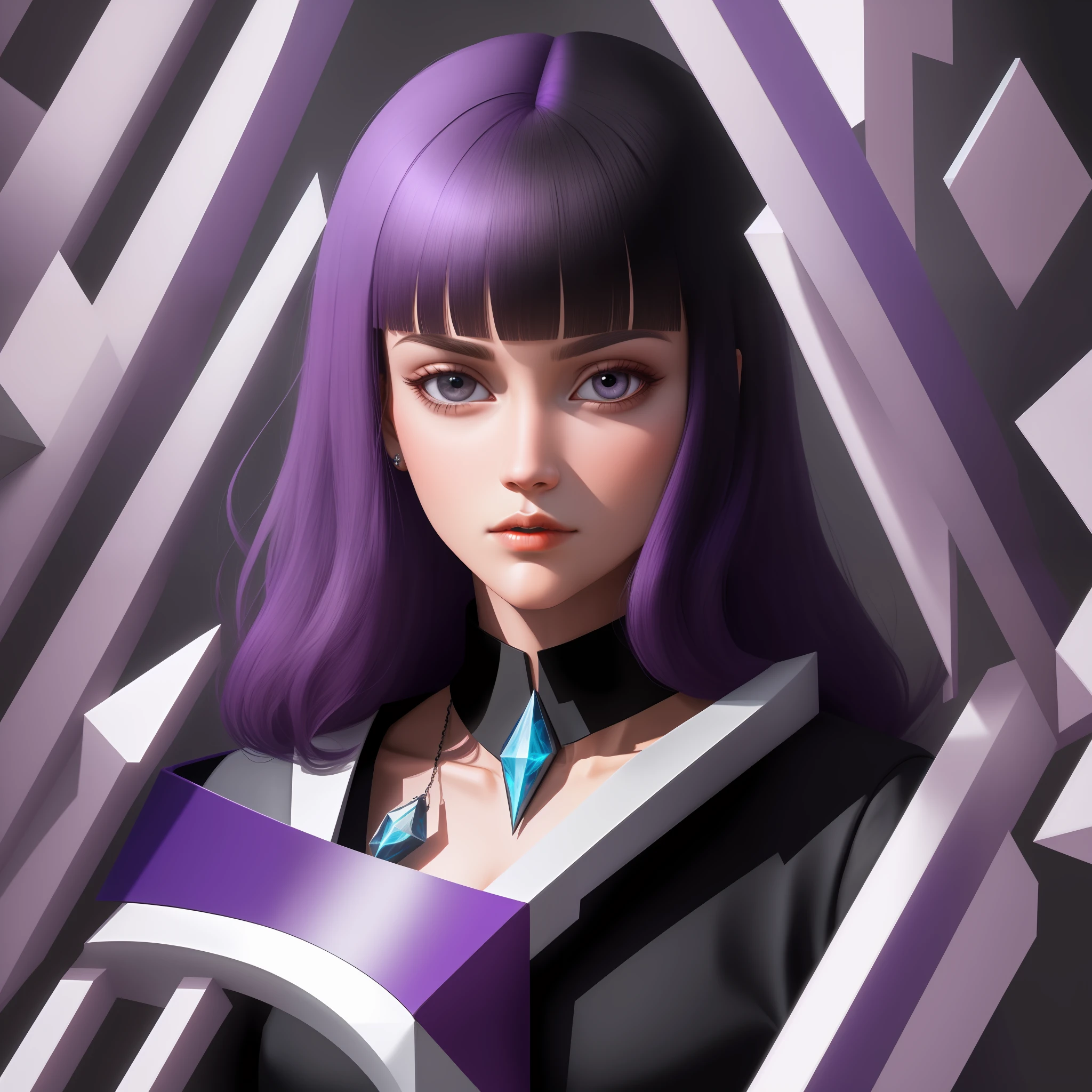 black hair, bangs, blunt bangs, purple hair, jewelry, Surrealism, Cubist Futurism, ray tracing, 8k, super detail, 1080P